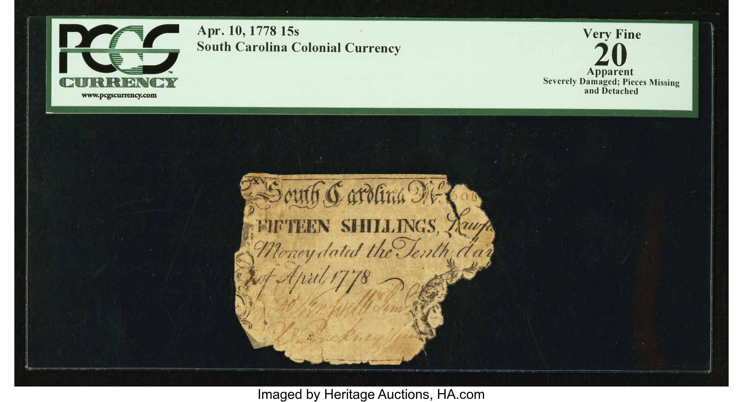 image for: South Carolina April 10, 1778 15s PCGS Apparent Very Fine 20....
