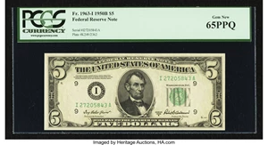 image for: Fr. 1963-I $5 1950B Federal Reserve Note. PCGS Gem New 65PPQ....