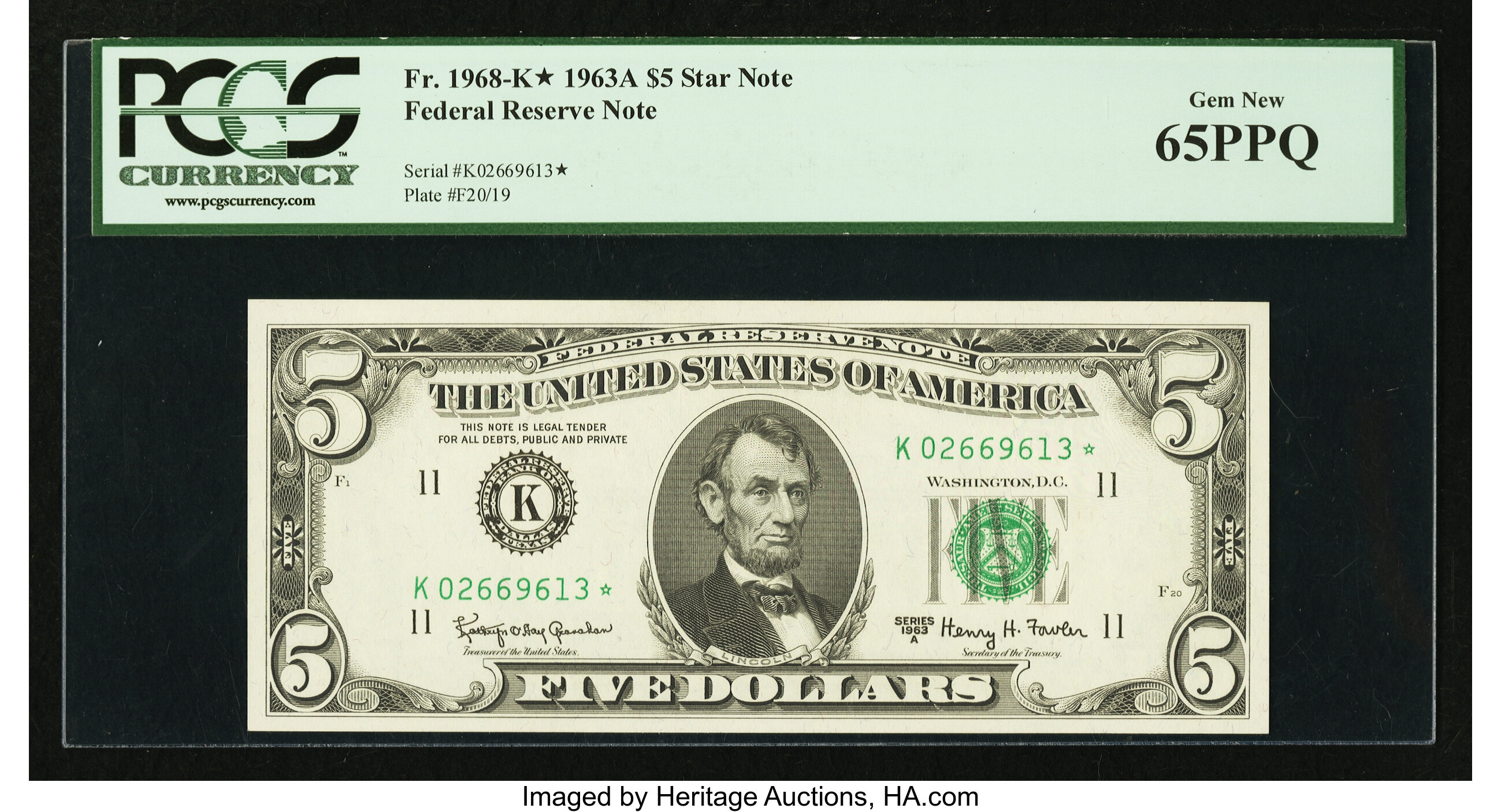 image for: Top Pop Fr. 1968-K* $5 1963A Federal Reserve Note. PCGS Gem New 65PPQ....