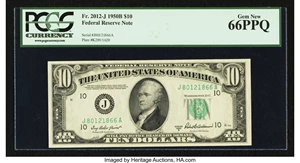 image for: Fr. 2012-J $10 1950B Federal Reserve Note. PCGS Gem New 66PPQ....