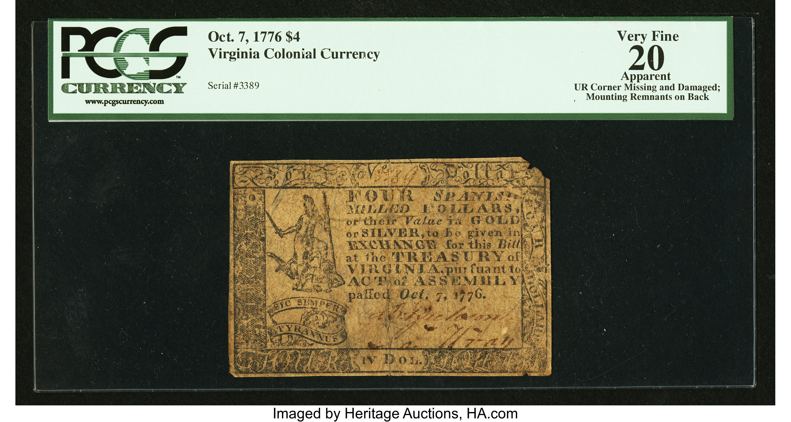 image for: Virginia Oct. 7, 1776 $4 PCGS Apparent Very Fine 20....