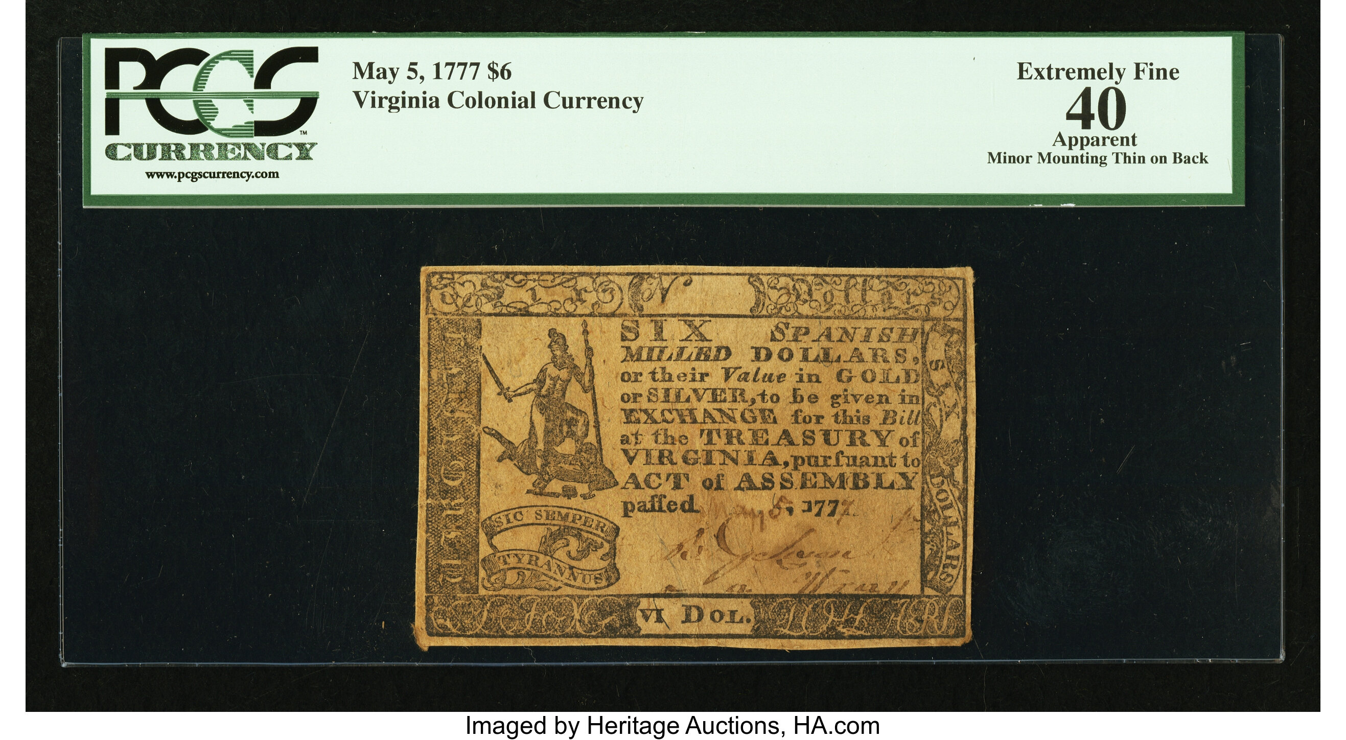 image for: Virginia May 5, 1777 $6 PCGS Extremely Fine 40 Apparent....