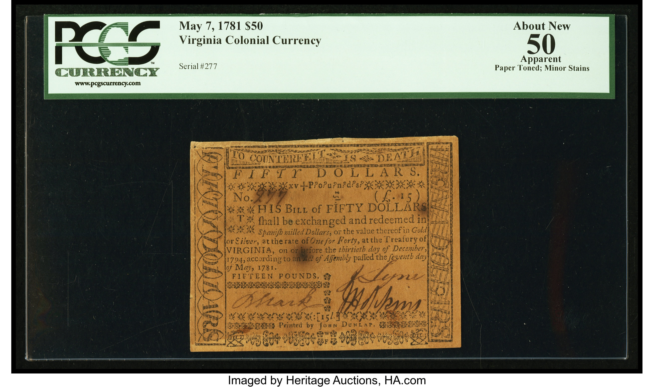 image for: Virginia May 7, 1781 $50 PCGS Apparent About New 50....