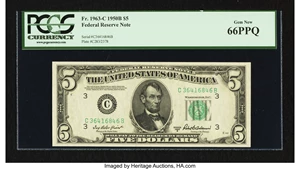 image for: Fr. 1963-C $5 1950B Federal Reserve Note. PCGS Gem New 66PPQ....