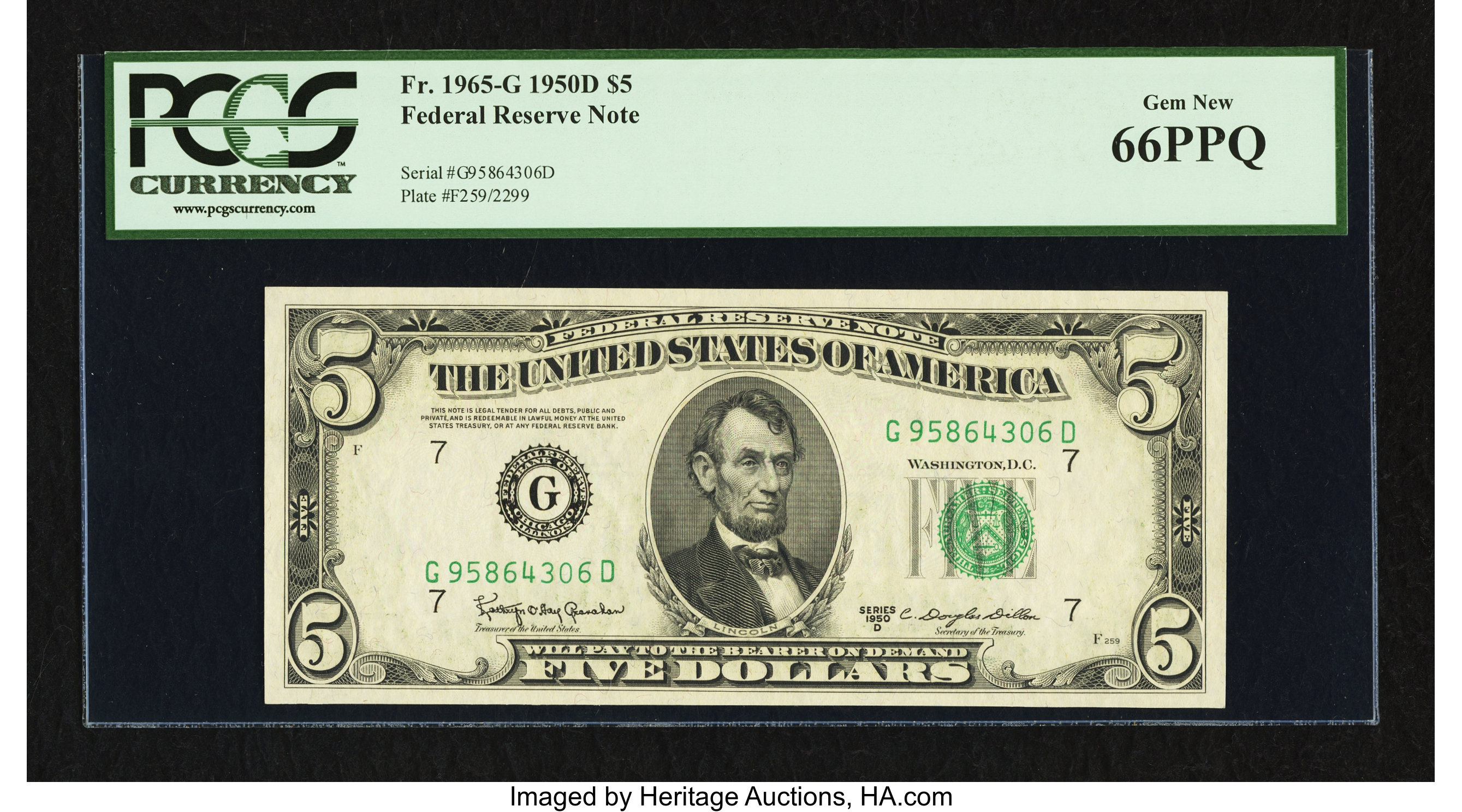 image for: Fr. 1965-G $5 1950D Federal Reserve Note. PCGS Gem New 66PPQ....