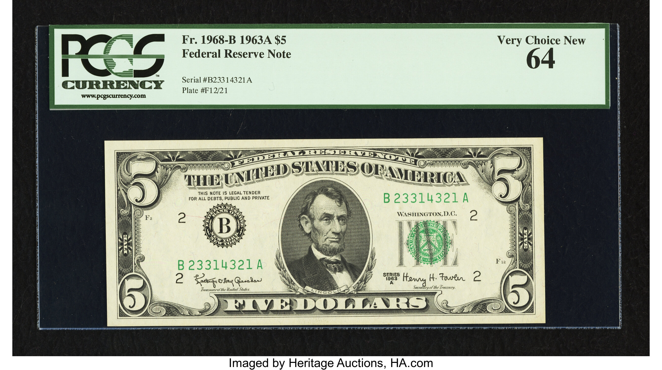 image for: Fr. 1968-B $5 1963A Federal Reserve Note. PCGS Very Choice New 64....