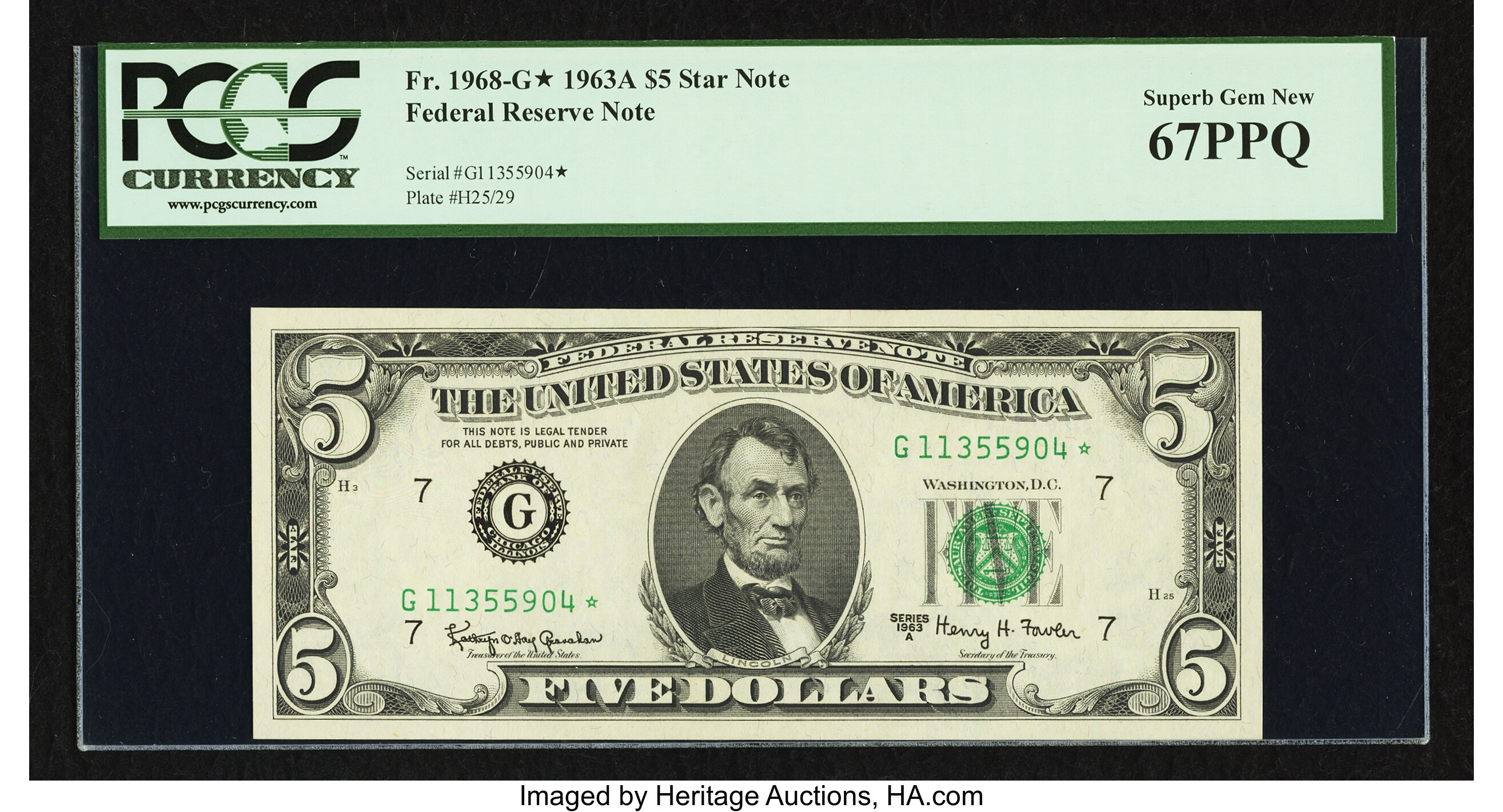 image for: Fr. 1968-G* $5 1963A Federal Reserve Star Note. PCGS Superb Gem New 67PPQ....