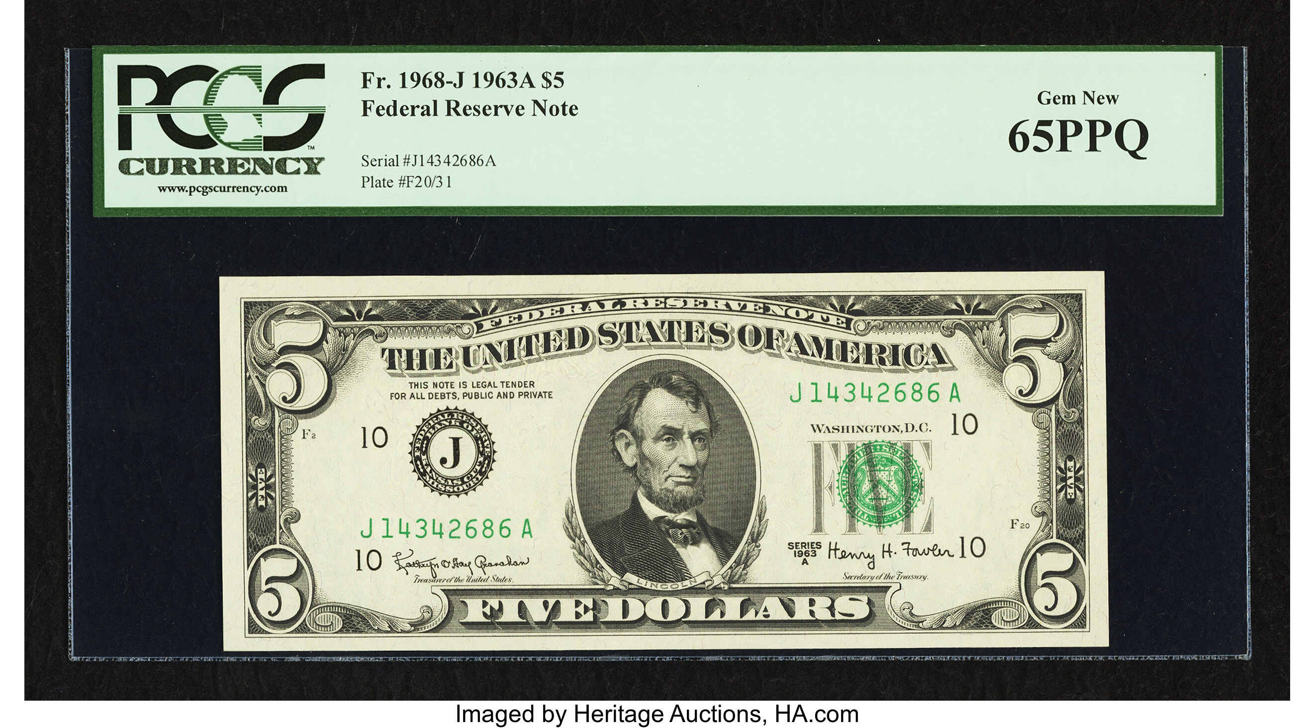 image for: Fr. 1968-J $5 1963A Federal Reserve Note. PCGS Gem New 65PPQ....