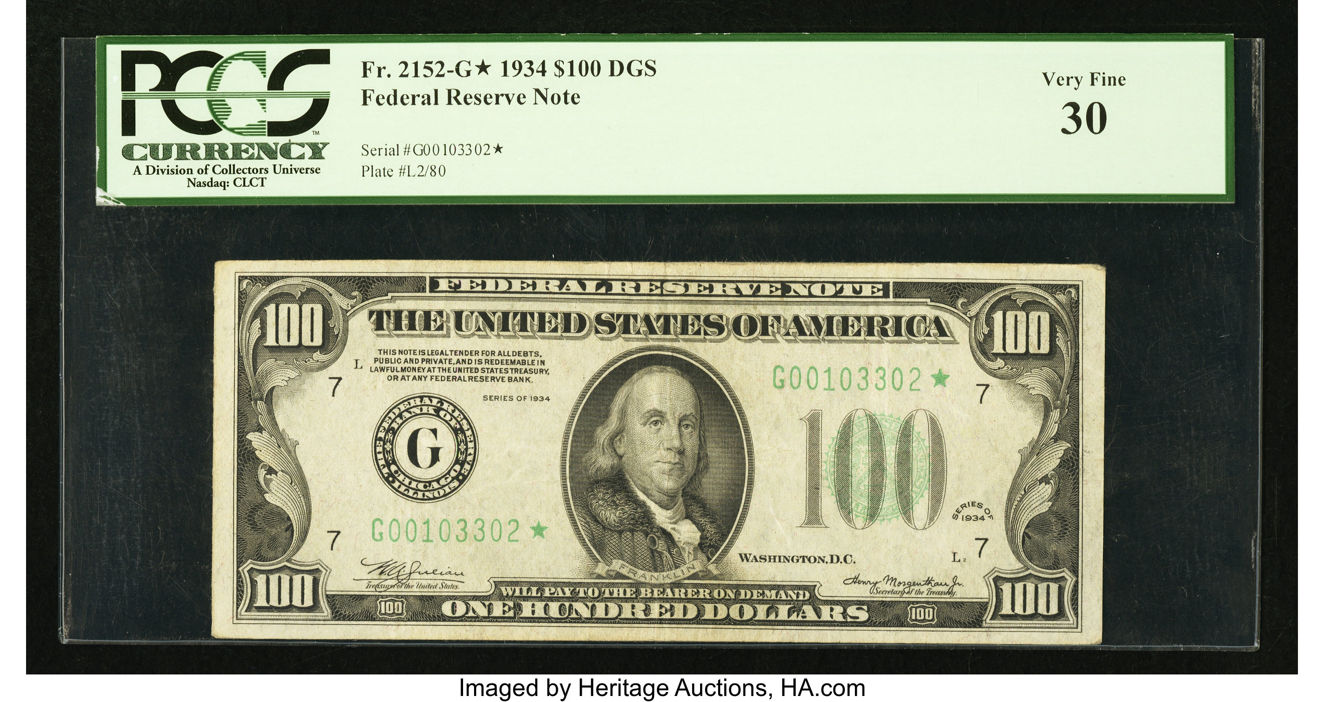 image for: Fr. 2152-G* $100 1934 Federal Reserve Star Note. PCGS Very Fine 30....