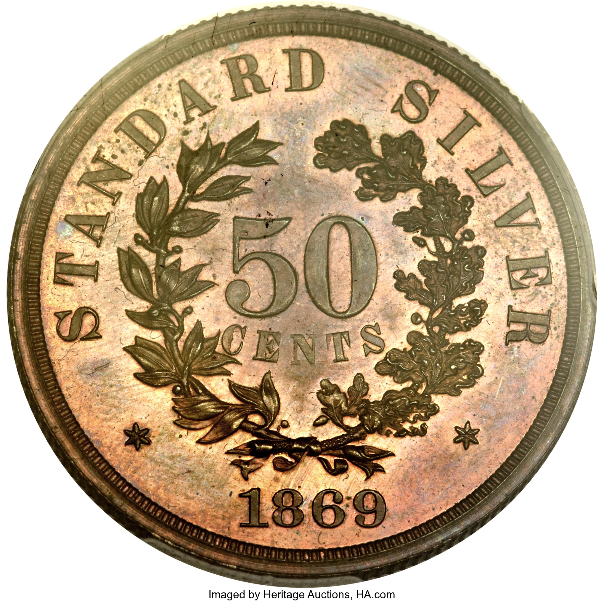 image for: 1869 50C Standard Silver Half Dollar, Judd-750, Pollock-833, R.7, PR66 Red and Brown PCGS Secure. CAC....