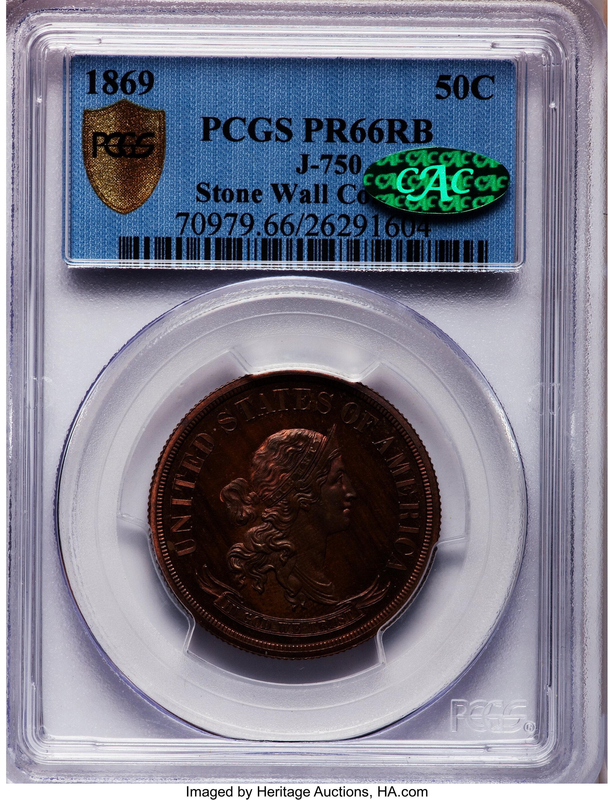image for: 1869 50C Standard Silver Half Dollar, Judd-750, Pollock-833, R.7, PR66 Red and Brown PCGS Secure. CAC....