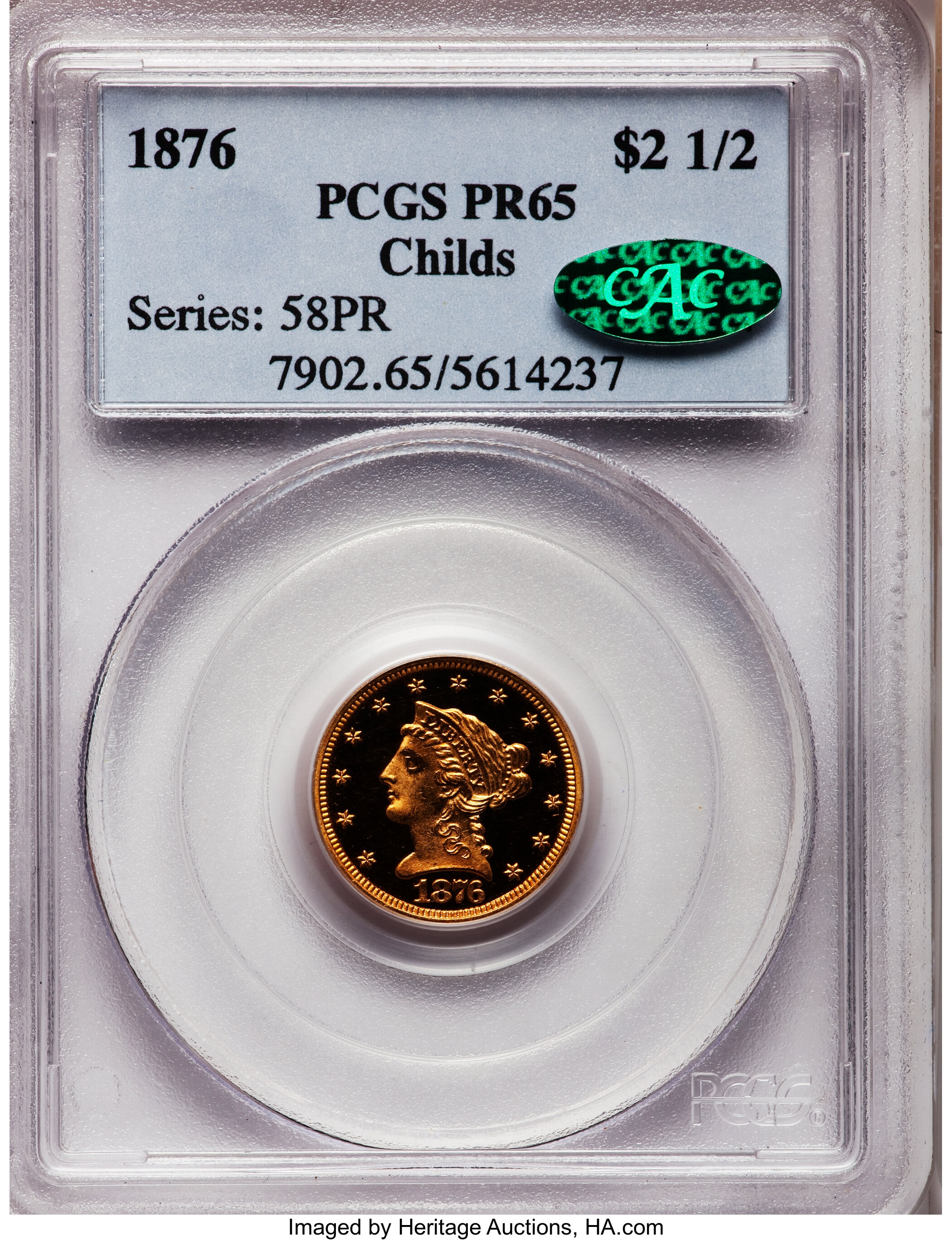 image for: 1876 $2 1/2 PR65 PCGS. CAC....