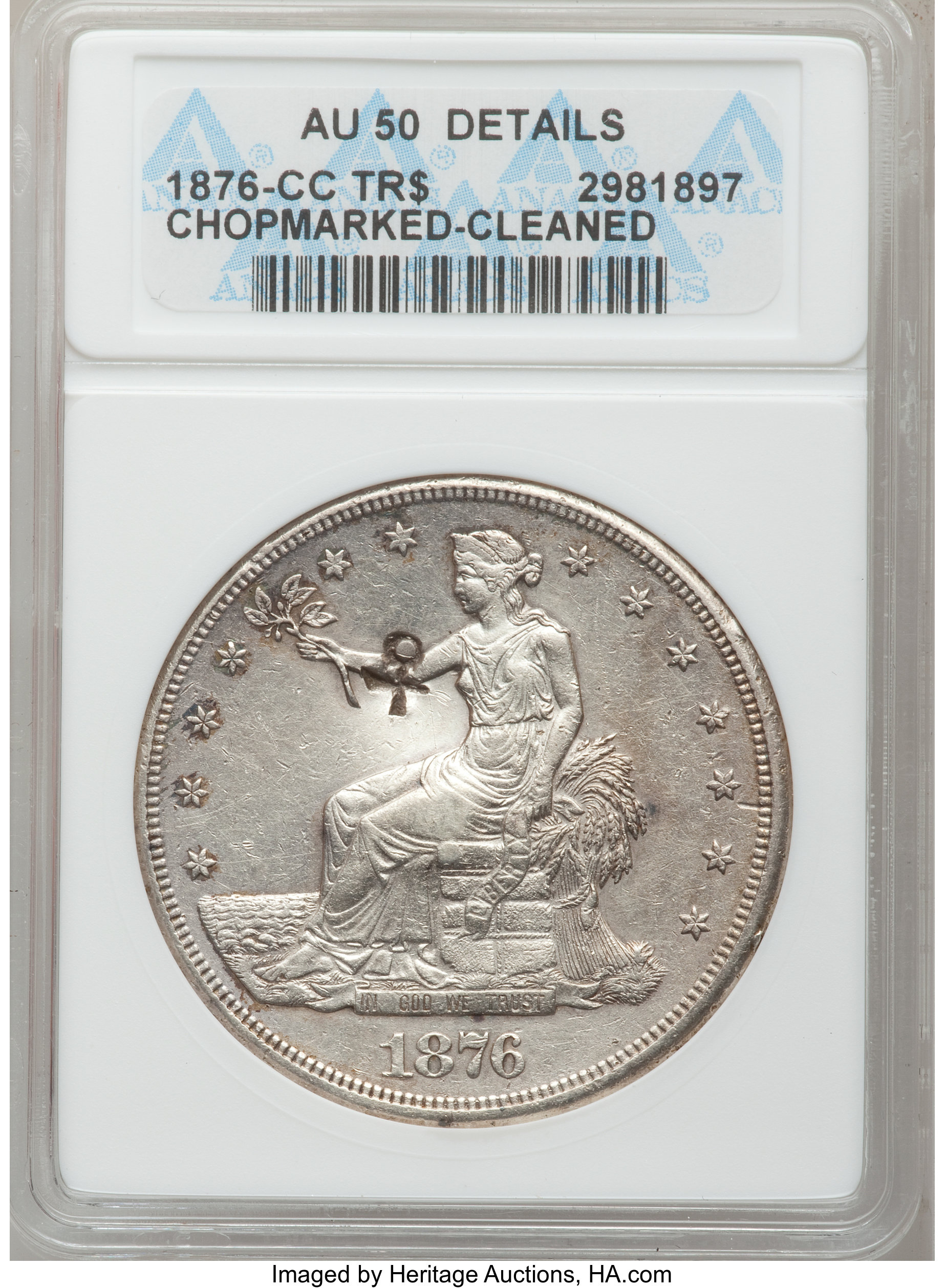 image for: 1876-CC T$1 Chop Mark -- Cleaned -- ANACS. AU50 Details. NGC Census: (0/0). PCGS Population (1/11).   (#87042)...