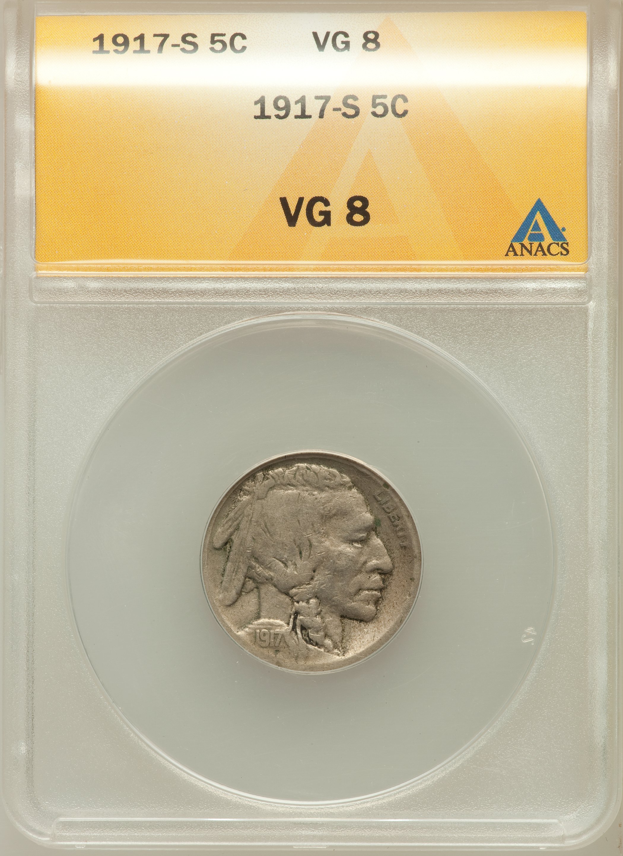1917-S 5C VG8 ANACS. NGC Census: (5/586). PCGS Population (8/811). Mintage: 4,193,000. Numismedia Wsl. Price for problem fr...