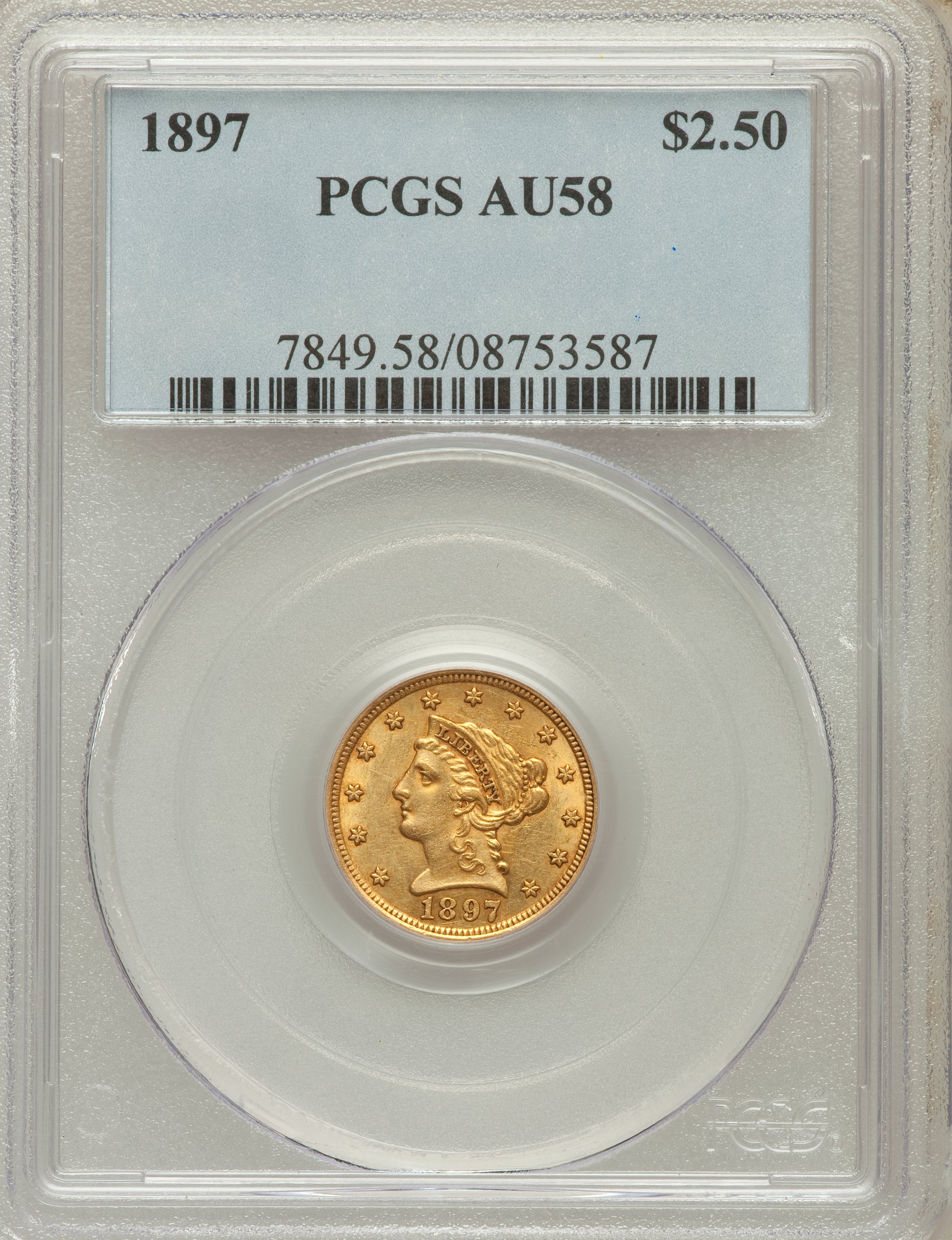 1897 $2 1/2 AU58 PCGS. PCGS Population (58/872). NGC Census: (44/904). Mintage: 29,700. Numismedia Wsl. Price for problem f...