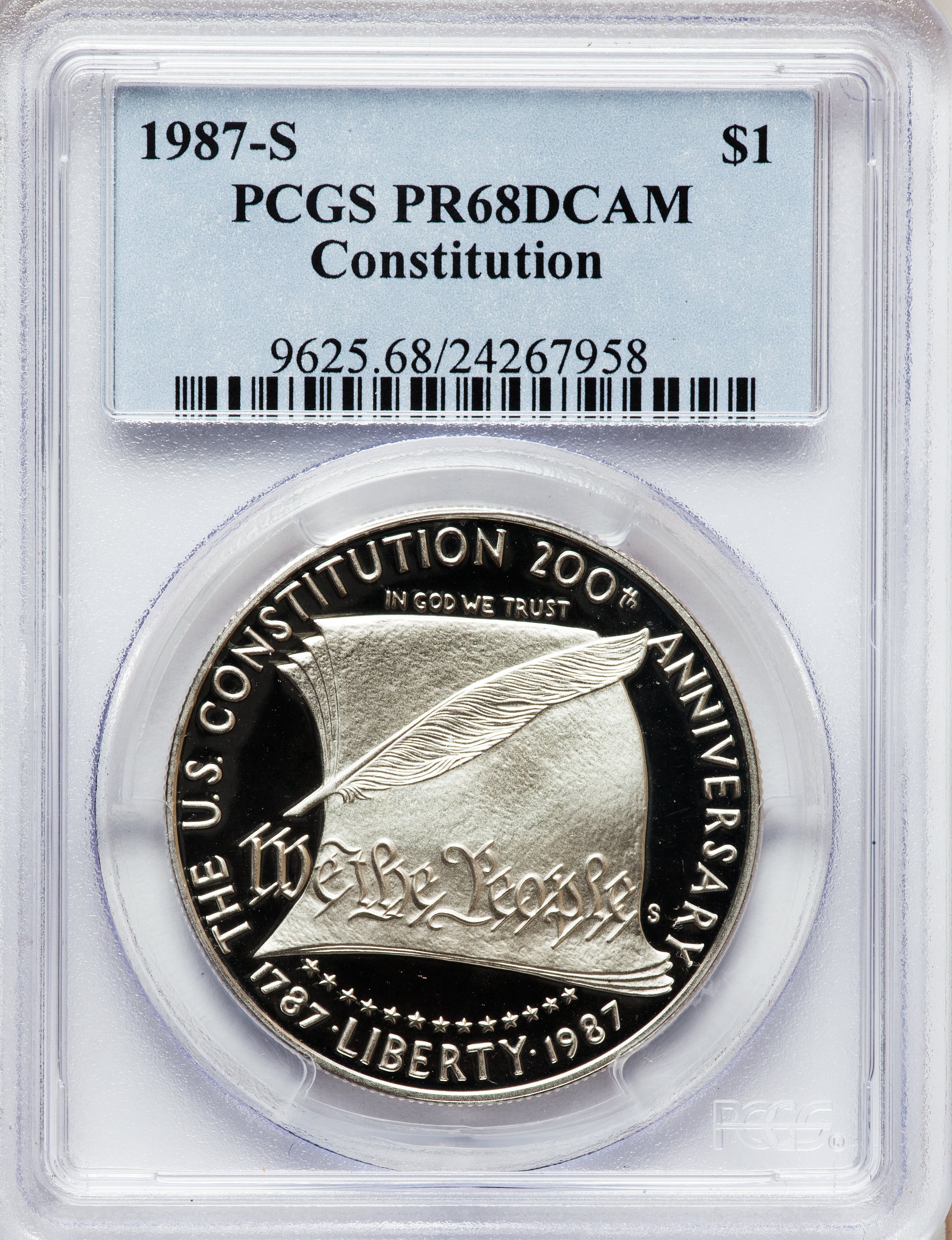 1987-S $1 Constitution Silver Dollar PR68 Deep Cameo PCGS. PCGS Population (493/5166). NGC Census: (270/4371). Mintage: 2,7...