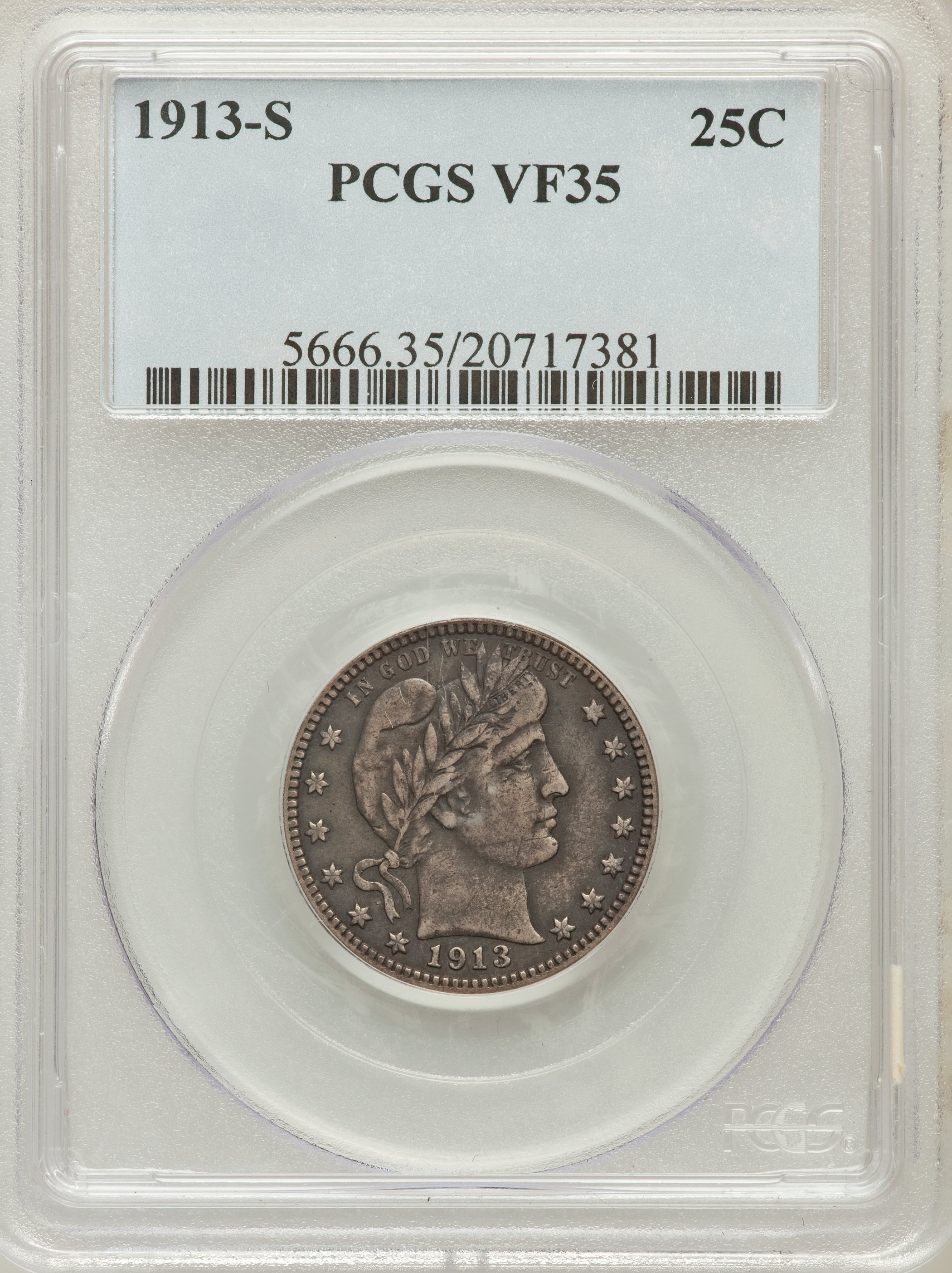 1913-S 25C VF35 PCGS. PCGS Population (4/82). NGC Census: (0/44). Mintage: 40,000. Numismedia Wsl. Price for problem free N...