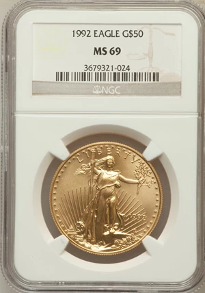 image for: 1992 G$50 One-Ounce Gold Eagle MS69 NGC. NGC Census: (706/29). PCGS Population (481/6). Mintage: 275,000. Numismedia Wsl. P...