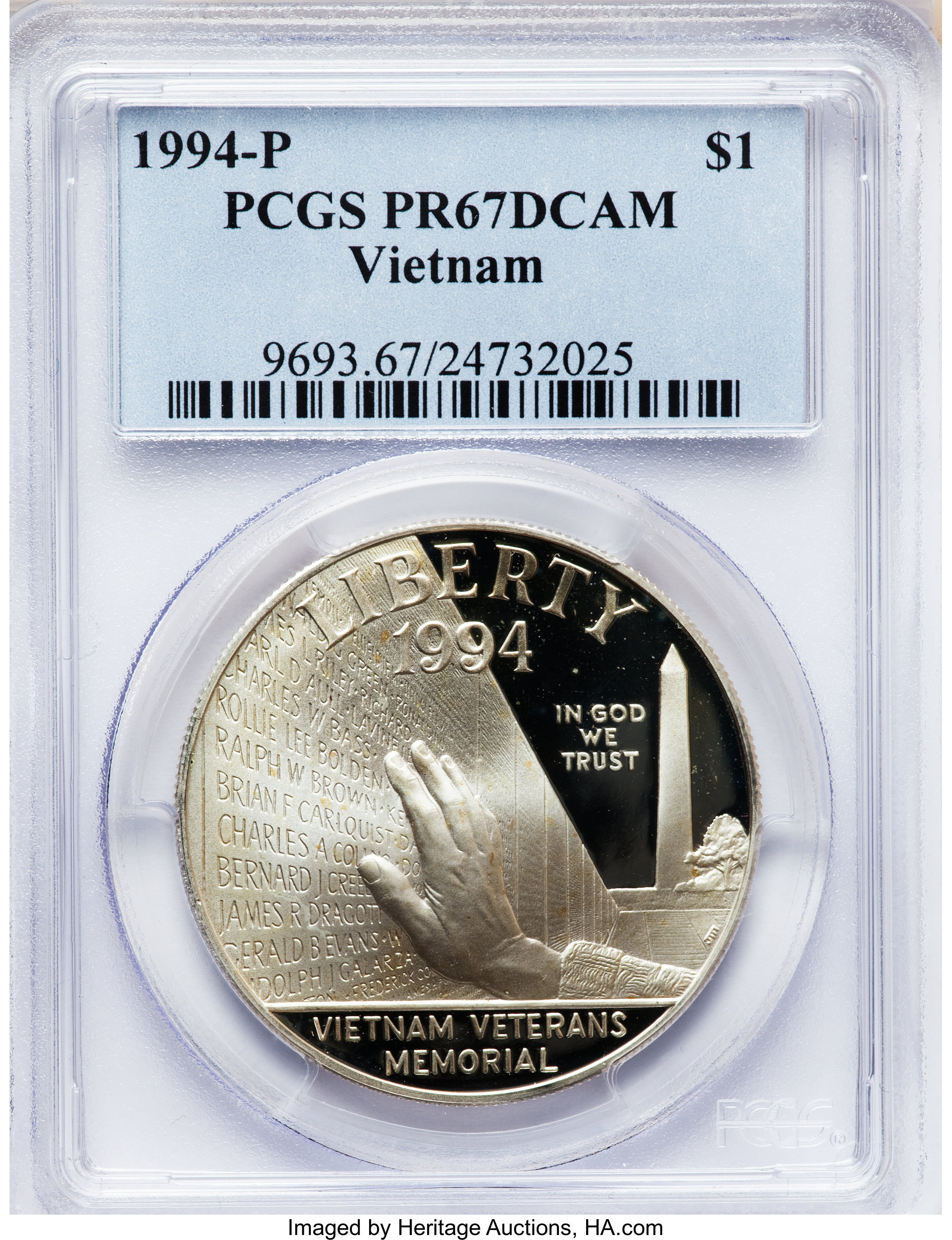 1994-P $1 Vietnam Veterans Memorial Silver Dollar PR67 Deep Cameo PCGS. PCGS Population (96/2377). NGC Census: (15/2527). M...