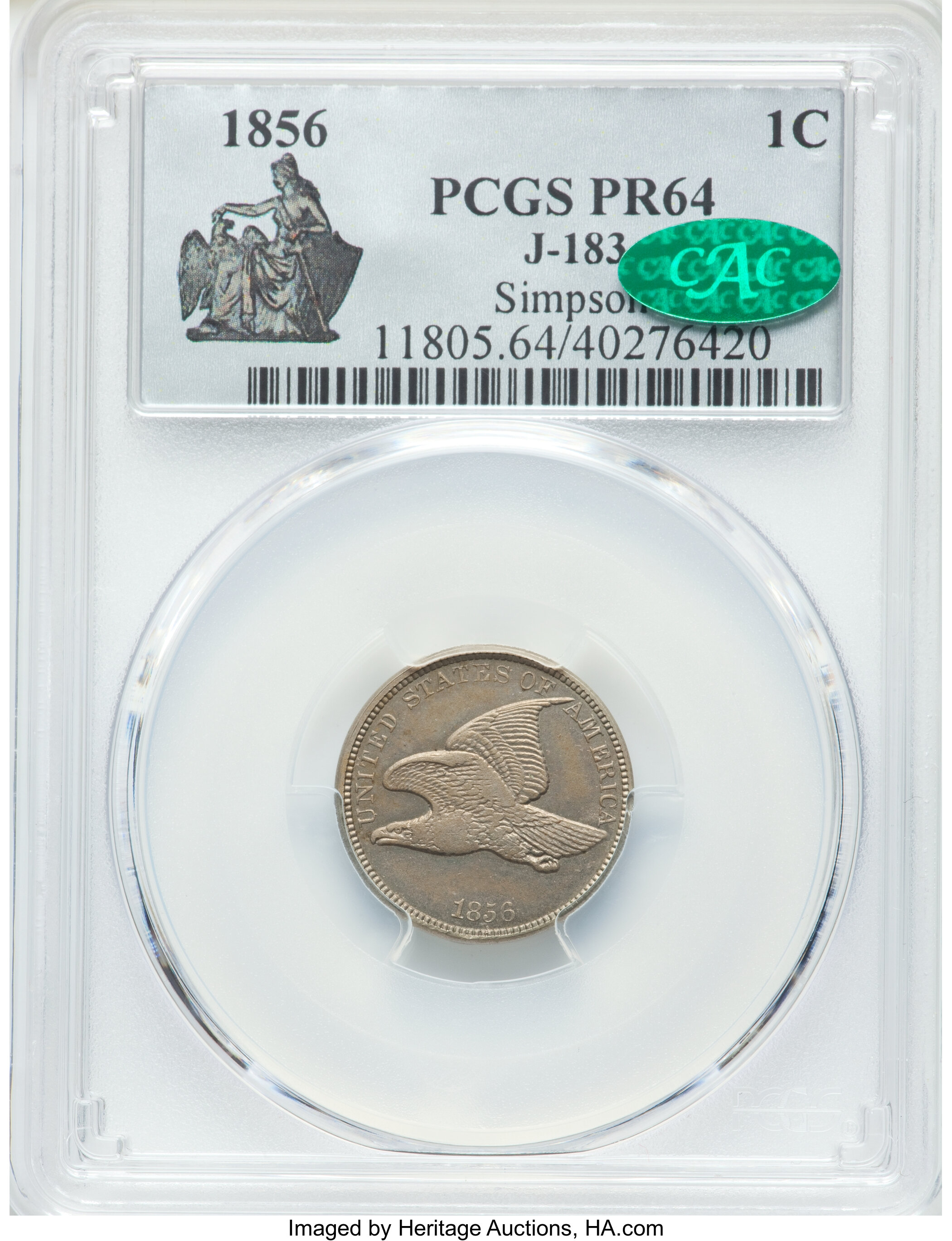 image for: 1856 P1C Flying Eagle Cent, Judd-183, Pollock-217, Snow-4, High R.7, PR64 PCGS. CAC....