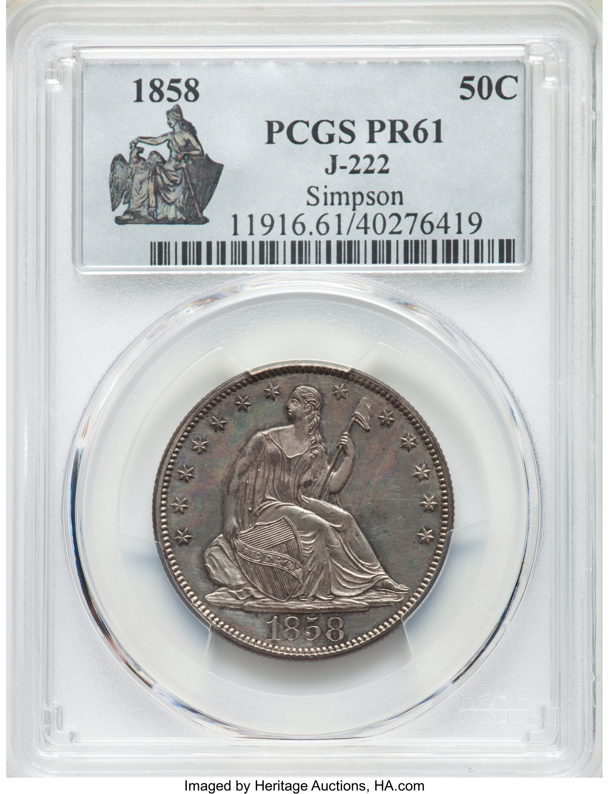 image for: 1858 P50C Half Dollar, Judd-222, Pollock-265, High R.7, PR61 PCGS. ...
