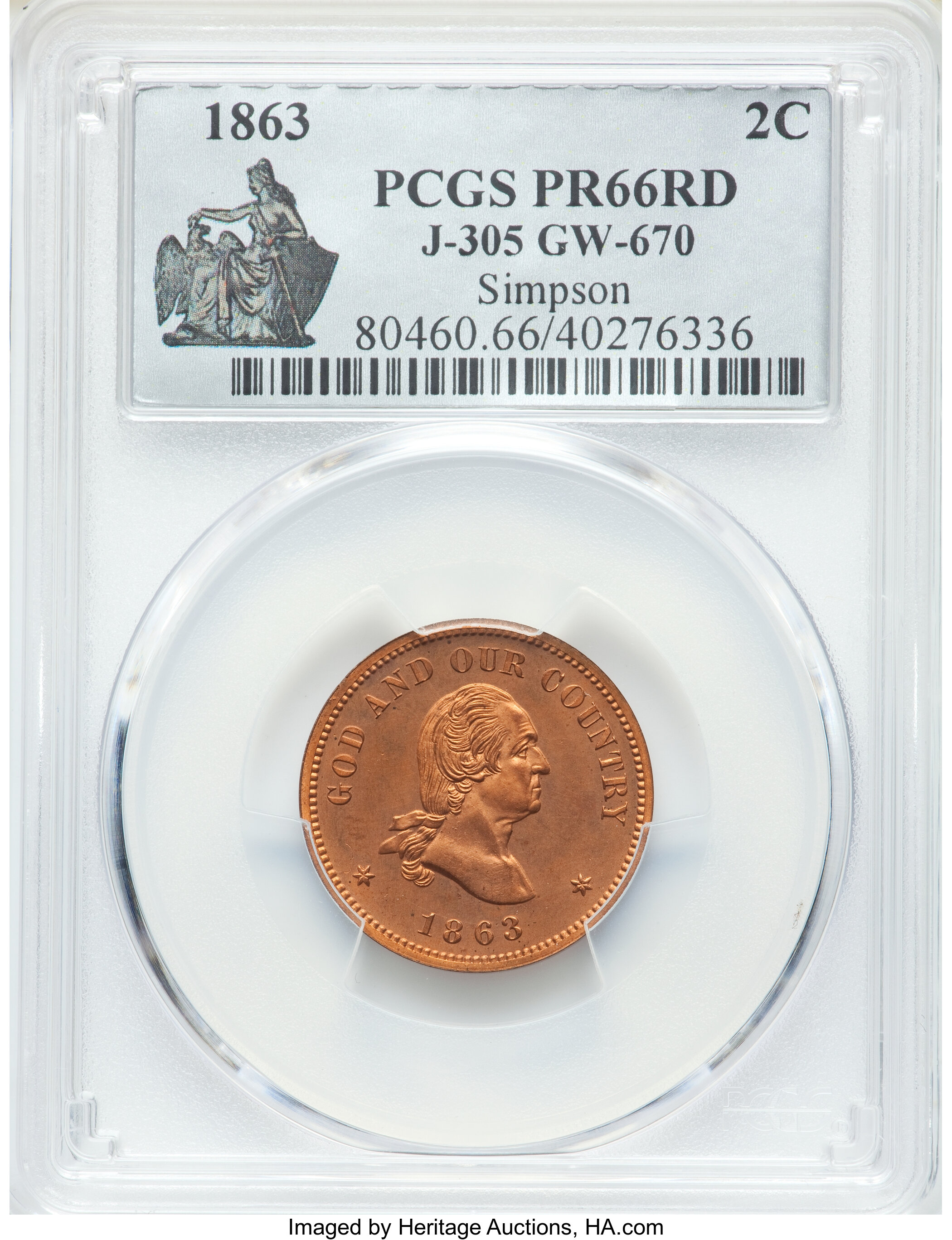 image for: 1863 2C Two Cents, Judd-305, Pollock-370, R.4, PR66 Red PCGS. ...