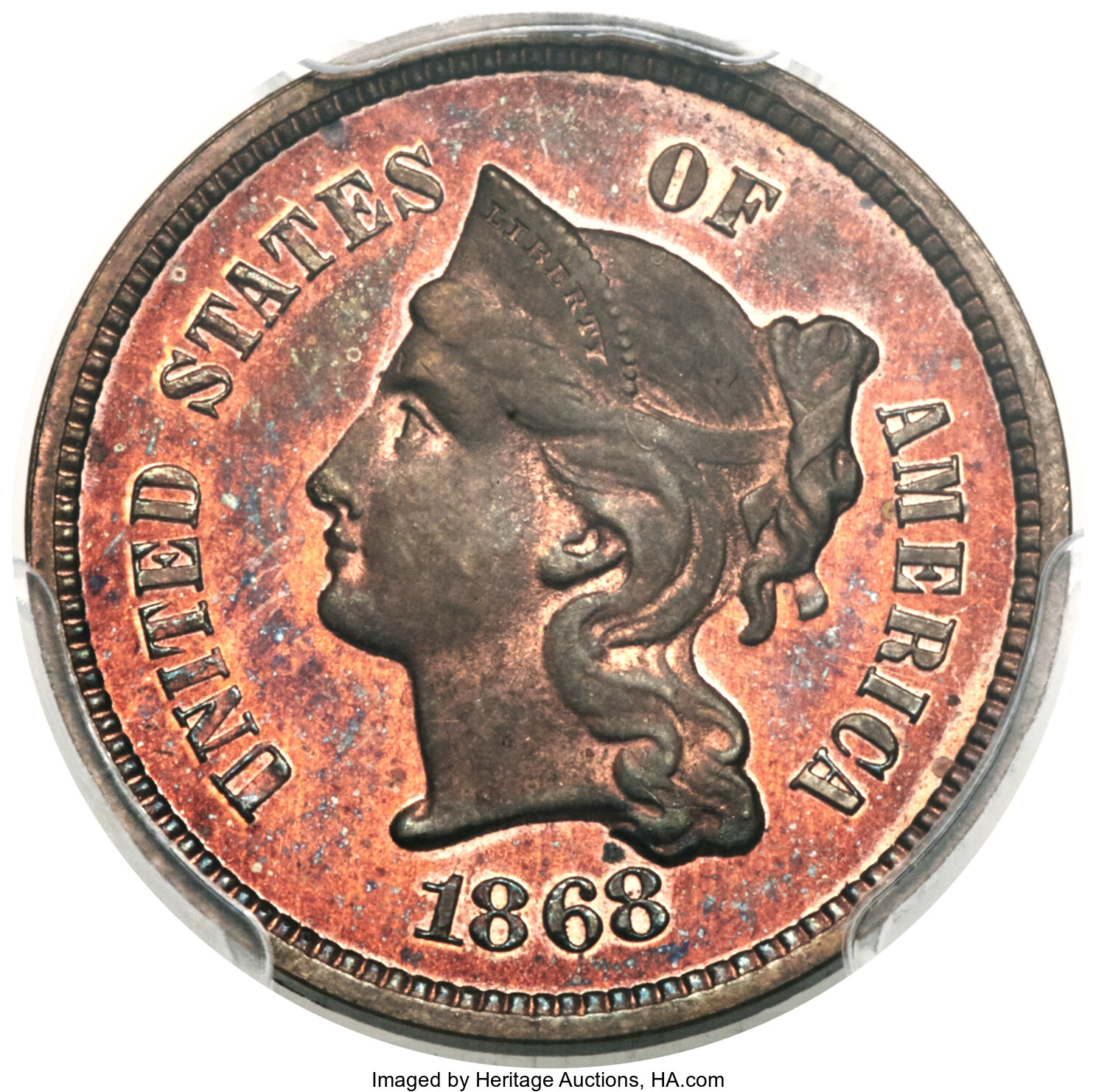 image for: 1868 3C Three Cent Nickel, Judd-619, Pollock-688, Low R.7, PR65 Red and Brown PCGS. ...