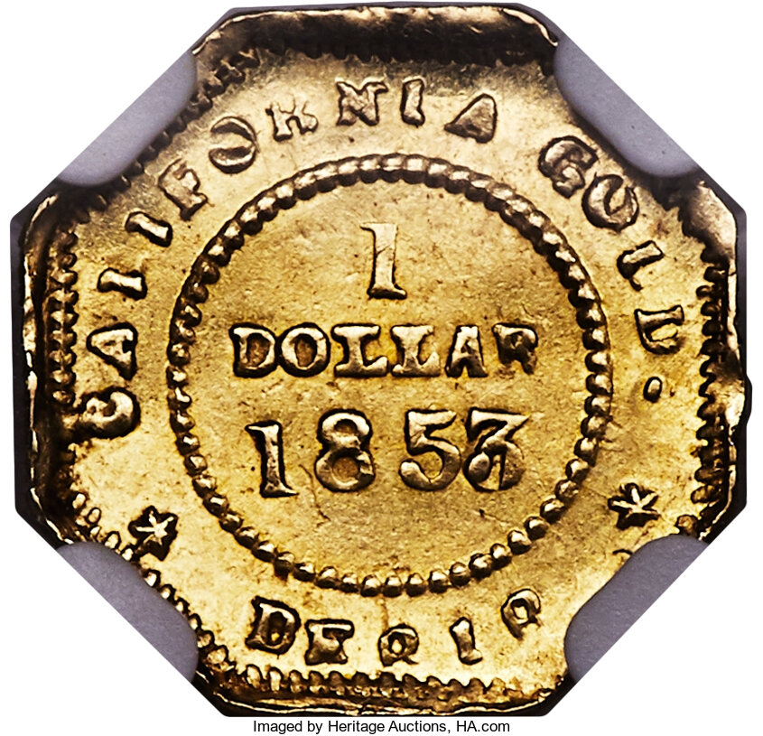 image for: 1853 $1 Liberty Octagonal 1 Dollar, BG-526, High R.6, MS60 NGC. EX: The Storck Collection. NGC Census: (1/1). PCGS Populati...