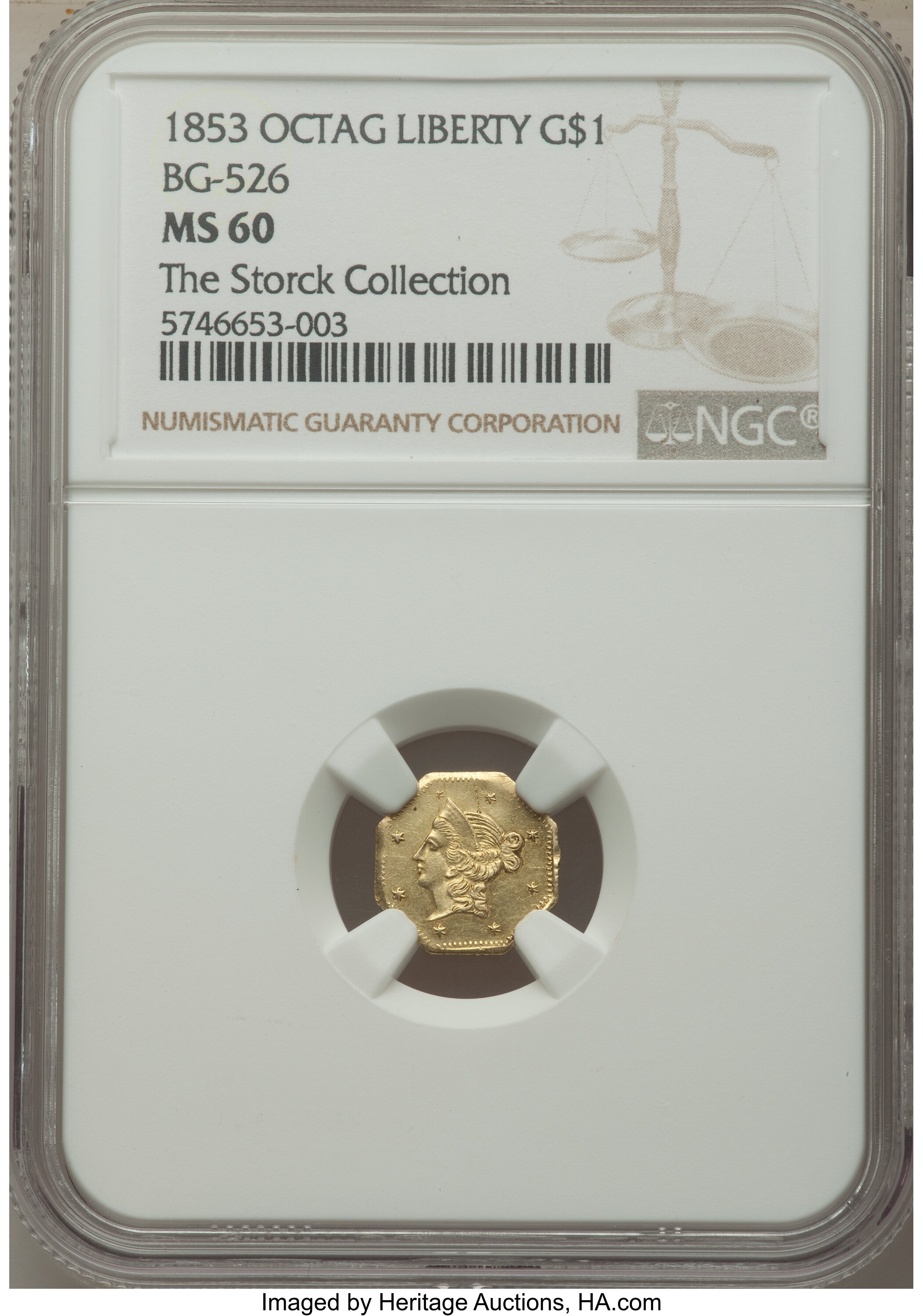 image for: 1853 $1 Liberty Octagonal 1 Dollar, BG-526, High R.6, MS60 NGC. EX: The Storck Collection. NGC Census: (1/1). PCGS Populati...
