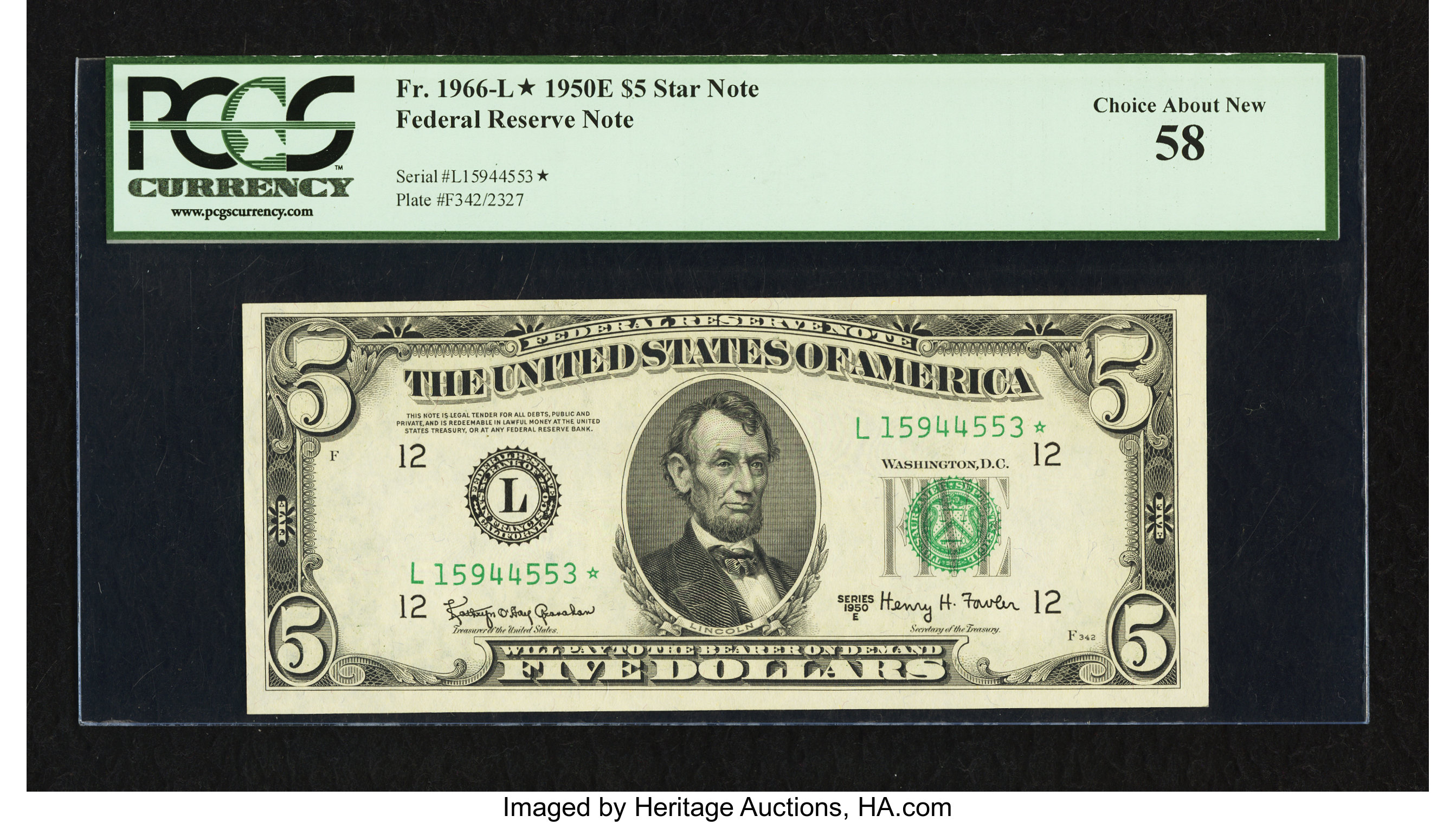 image for: Fr. 1966-L* $5 1950E Federal Reserve Star Note. PCGS Choice About New 58....