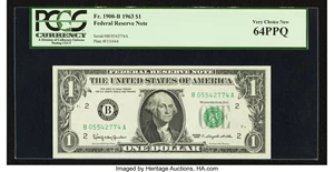 image for: Fr. 1900-B $1 1963 Federal Reserve Note. PCGS Very Choice New 64PPQ....