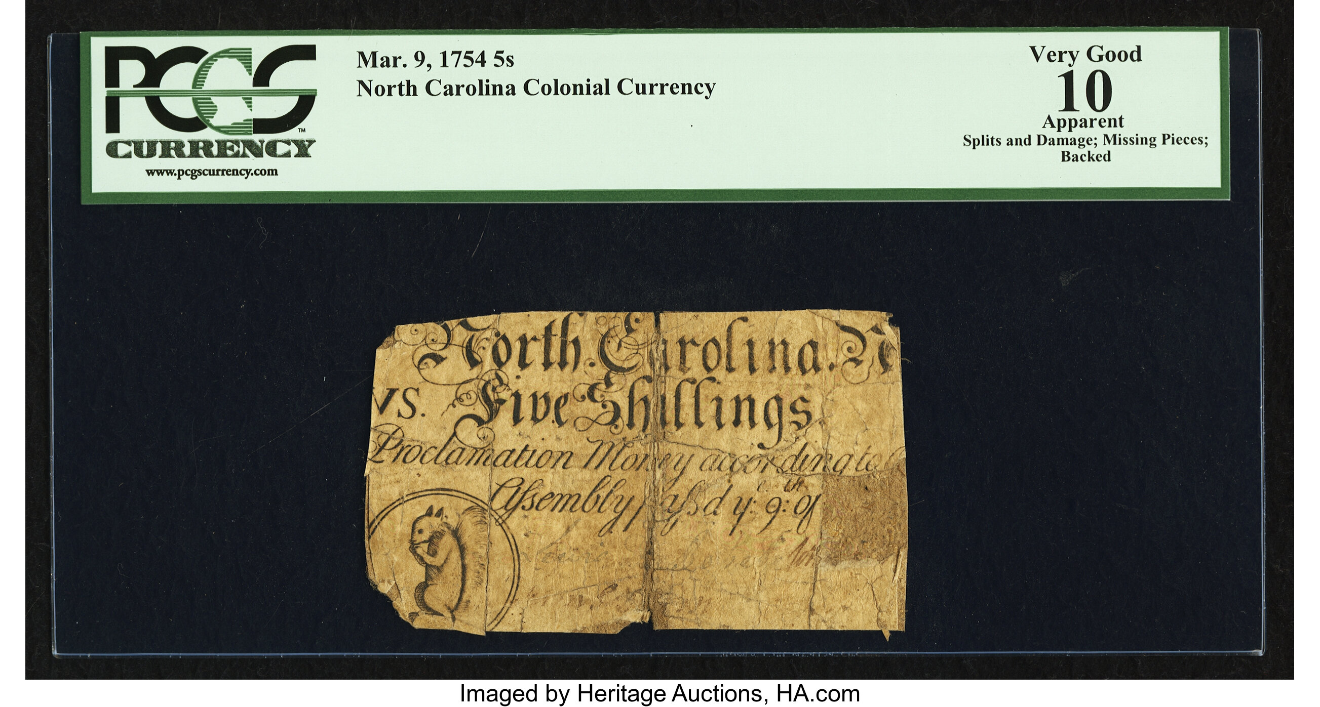 image for: North Carolina March 9, 1754 5s PCGS Apparent Very Good 10....