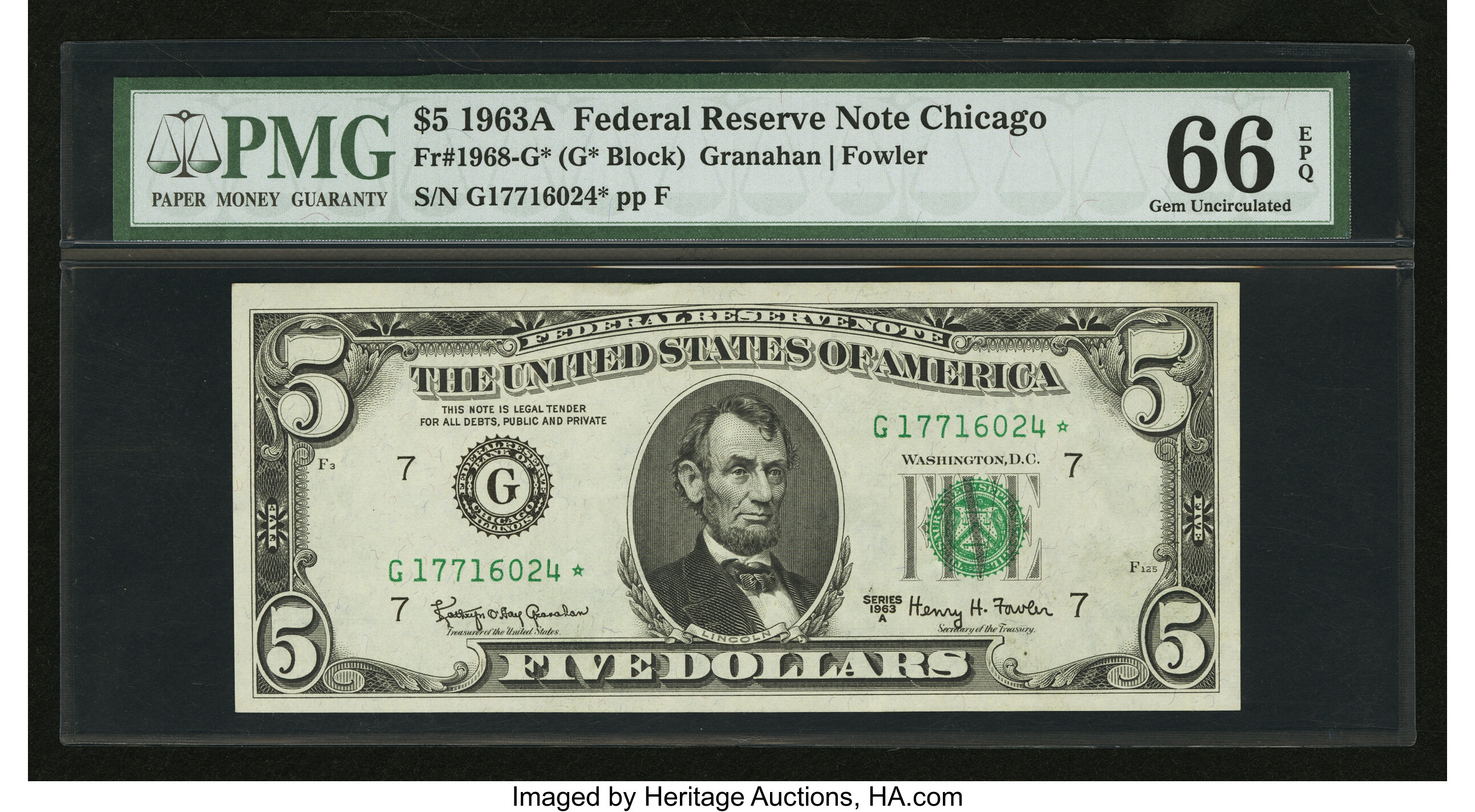 image for: Fr. 1968-G* $5 1963A Federal Reserve Note. PMG Gem Uncirculated 66 EPQ....