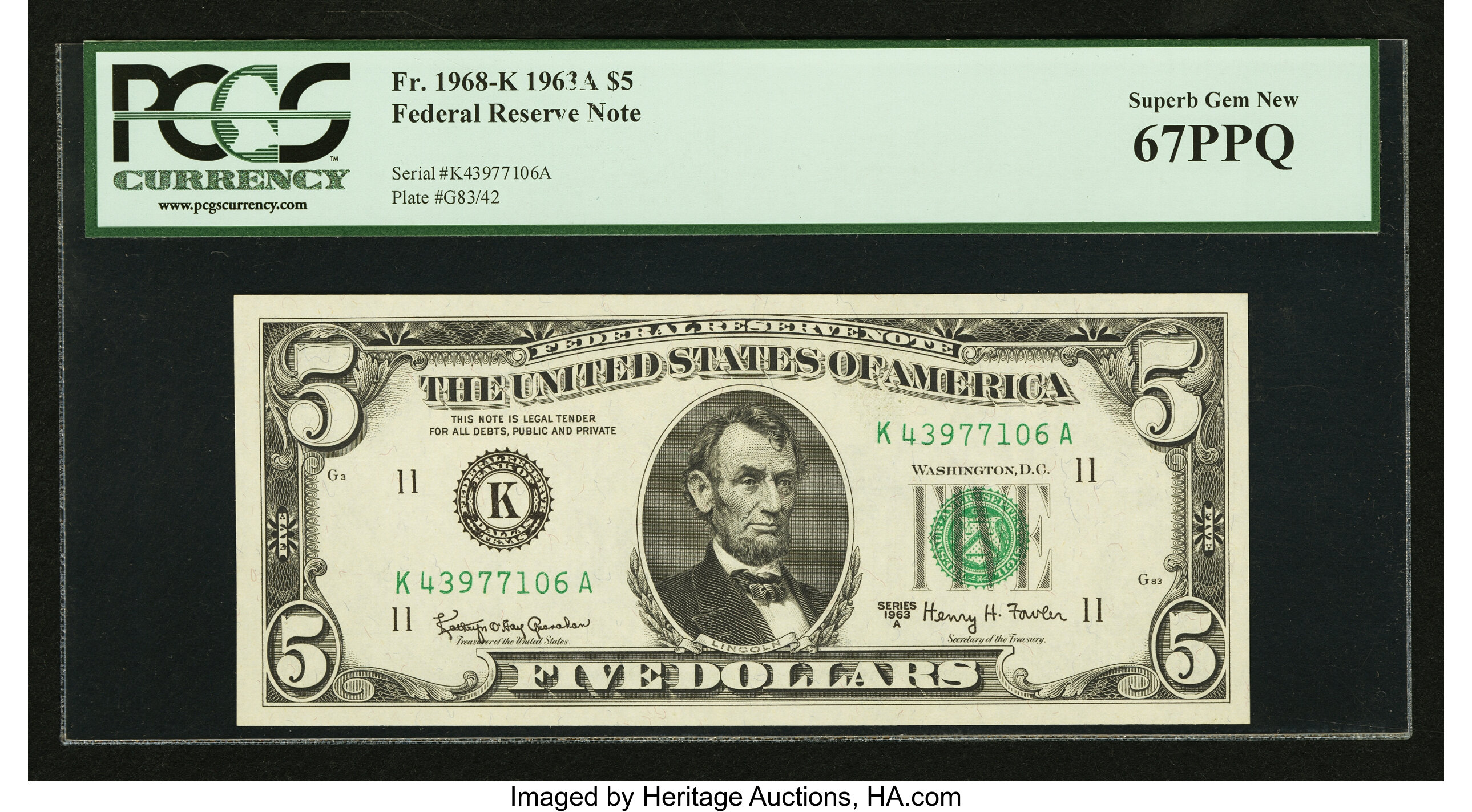 image for: Top Pop Fr. 1968-K $5 1963A Federal Reserve Note. PCGS Superb Gem New 67PPQ....
