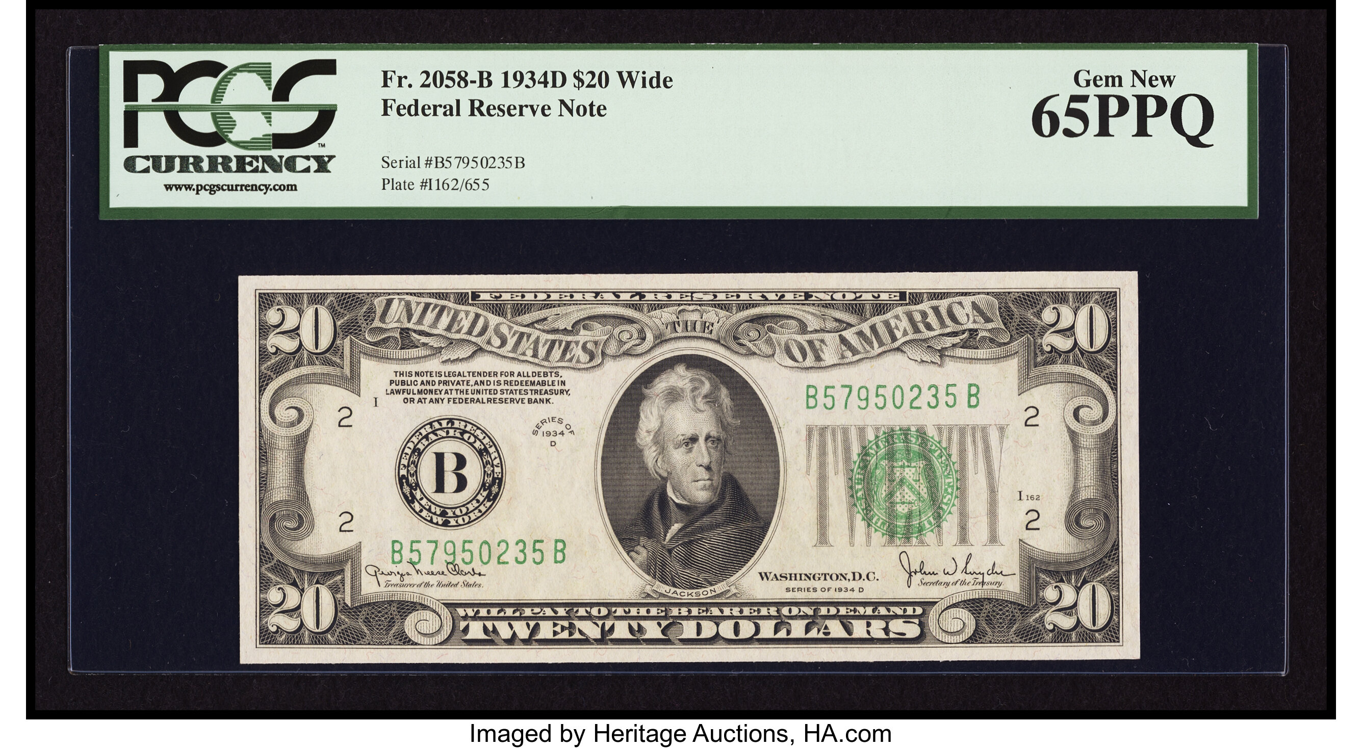 image for: Fr. 2058-B $20 1934D Wide Federal Reserve Note. PCGS Gem New 65PPQ....