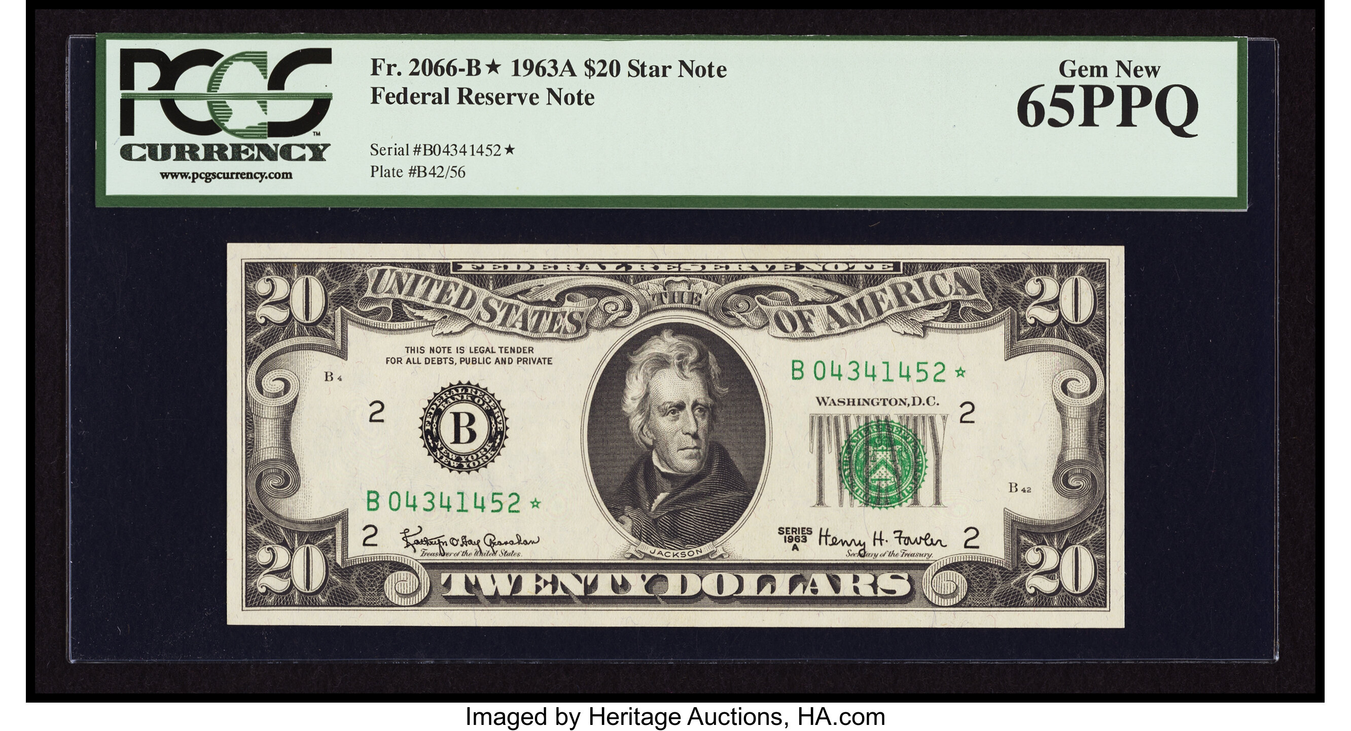 image for: Fr. 2066-B* $20 1963A Federal Reserve Star Note. PCGS Gem New 65PPQ....
