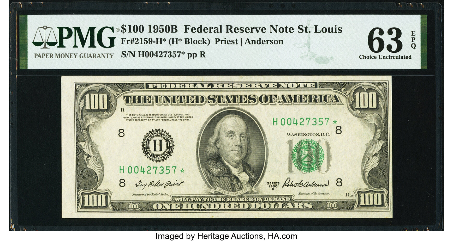 image for: Fr. 2159-H* $100 1950B Federal Reserve Note. PMG Choice Uncirculated 63 EPQ....
