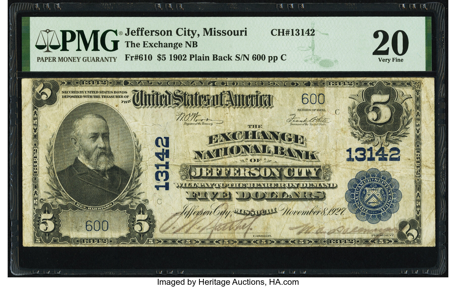 image for: Jefferson City, MO - $5 1902 Plain Back Fr. 610 The Exchange National Bank Ch. # 13142 PMG Very Fine 20....