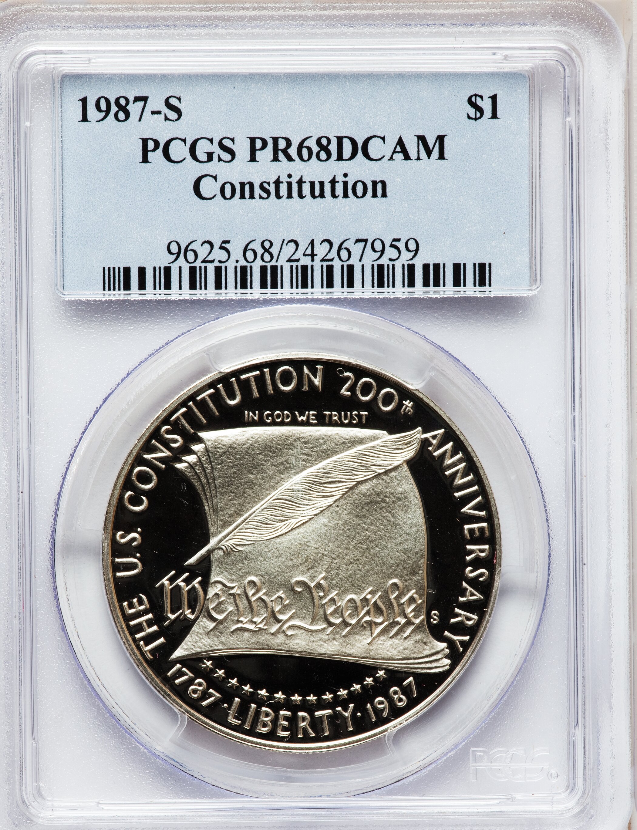 1987-S $1 Constitution Silver Dollar PR68 Deep Cameo PCGS. PCGS Population (493/5166). NGC Census: (270/4371). Mintage: 2,7...
