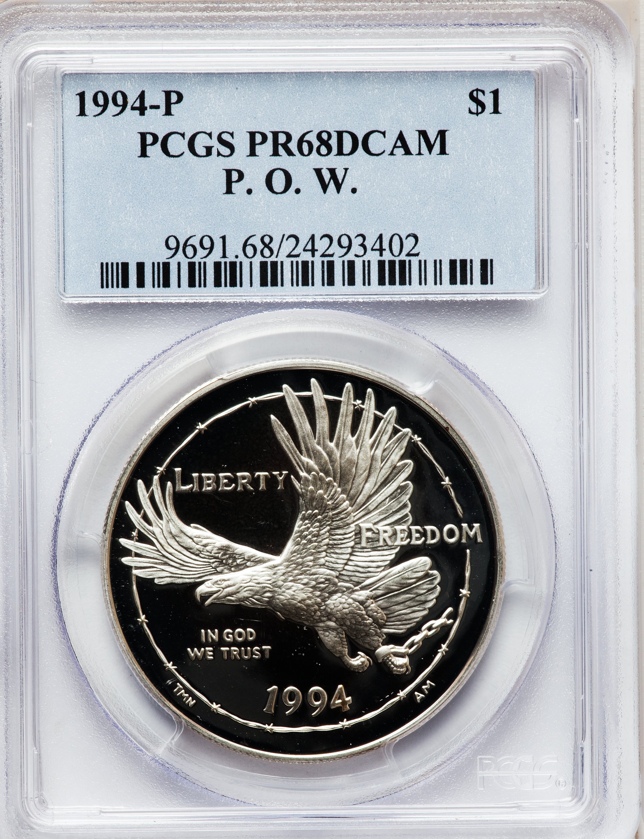1994-P $1 P.O.W. Silver Dollar PR68 Deep Cameo PCGS. PCGS Population (328/1916). NGC Census: (2/27). Mintage: 220,100. Numi...