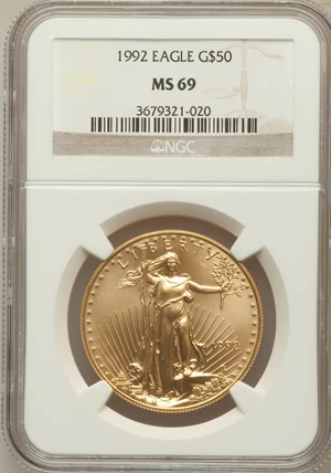 image for: 1992 G$50 One-Ounce Gold Eagle MS69 NGC. NGC Census: (706/29). PCGS Population (481/6). Mintage: 275,000. Numismedia Wsl. P...