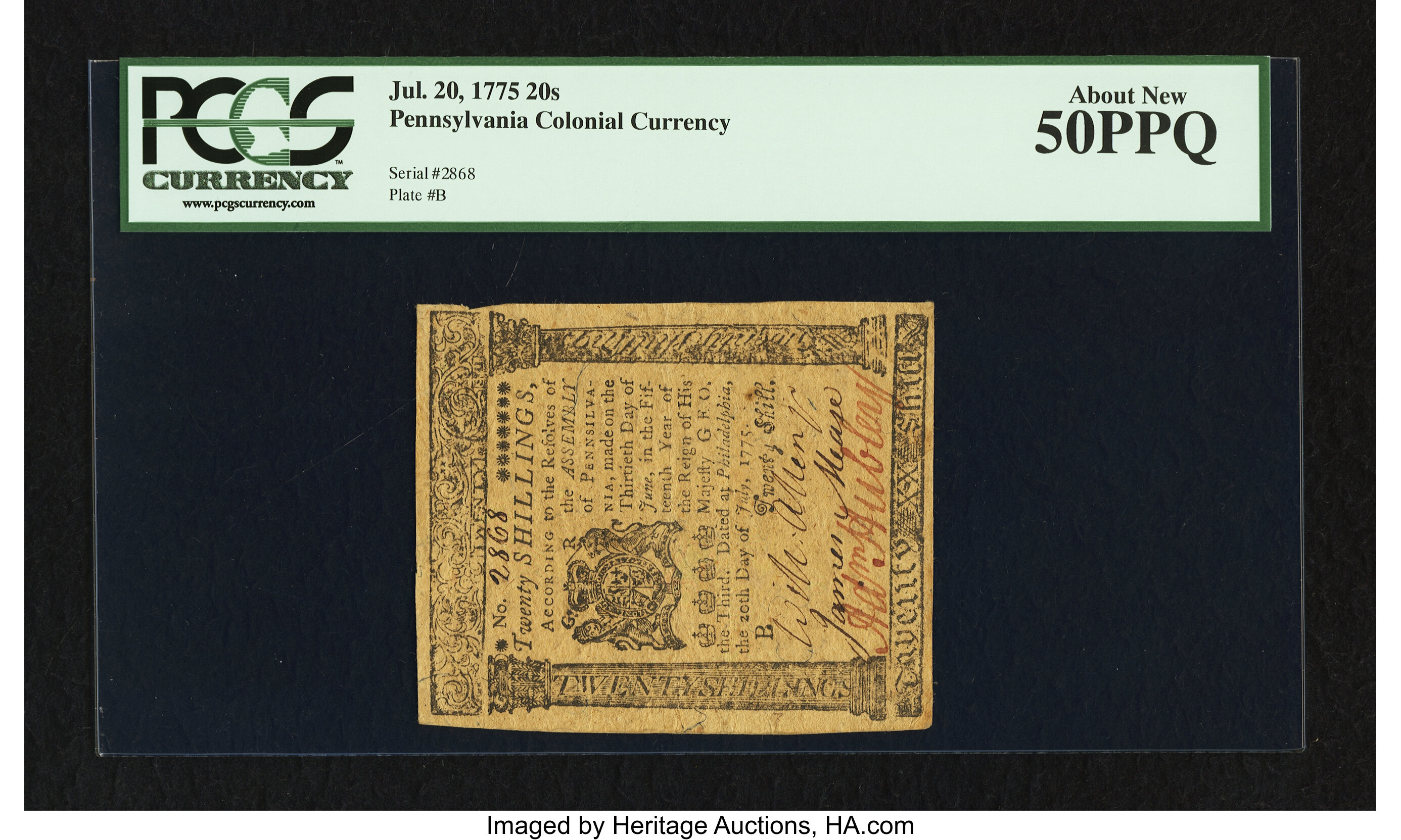image for: Pennsylvania July 20, 1775 20s PCGS About New 50PPQ....