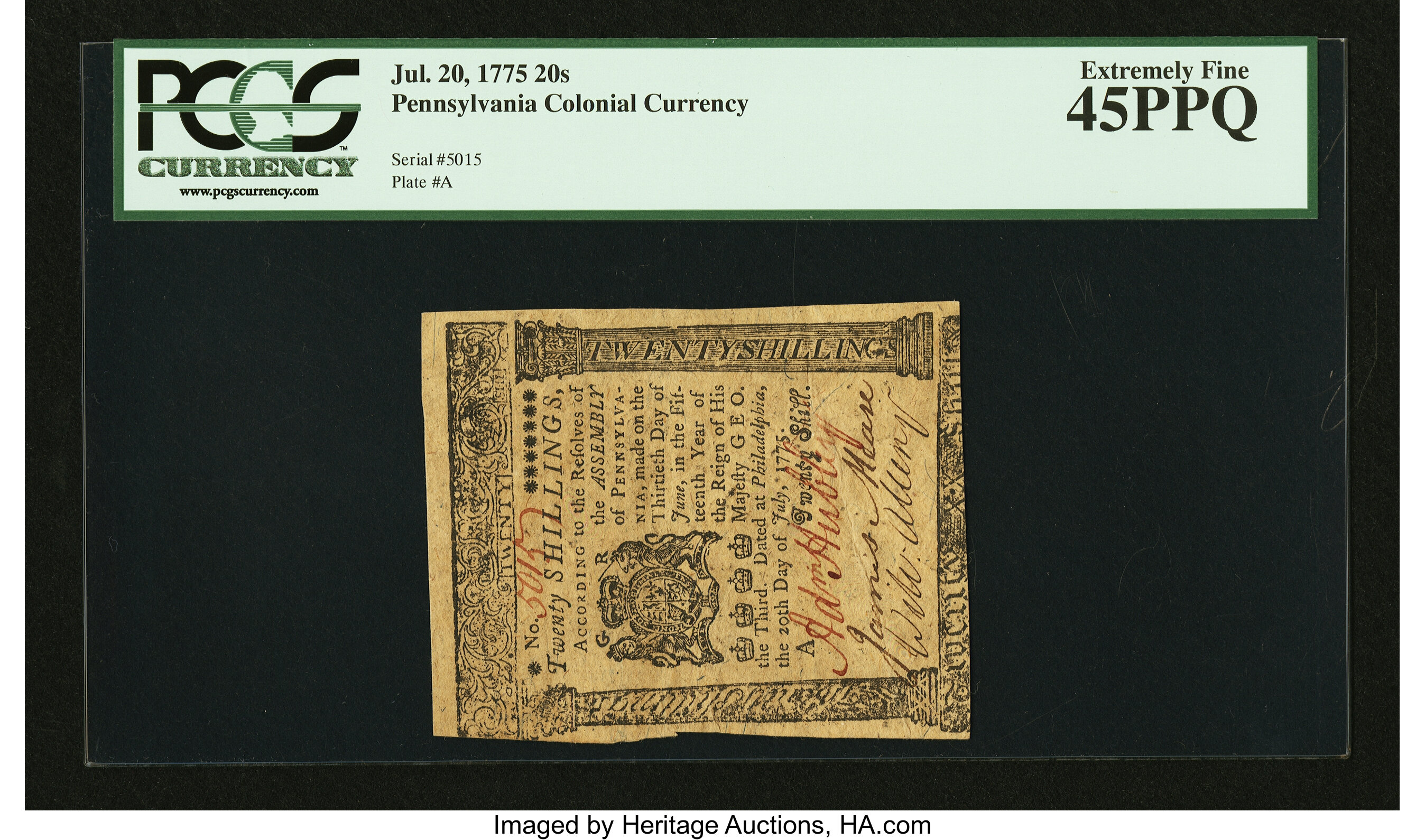 image for: Pennsylvania July 20, 1775 20s PCGS Extremely Fine 45PPQ....