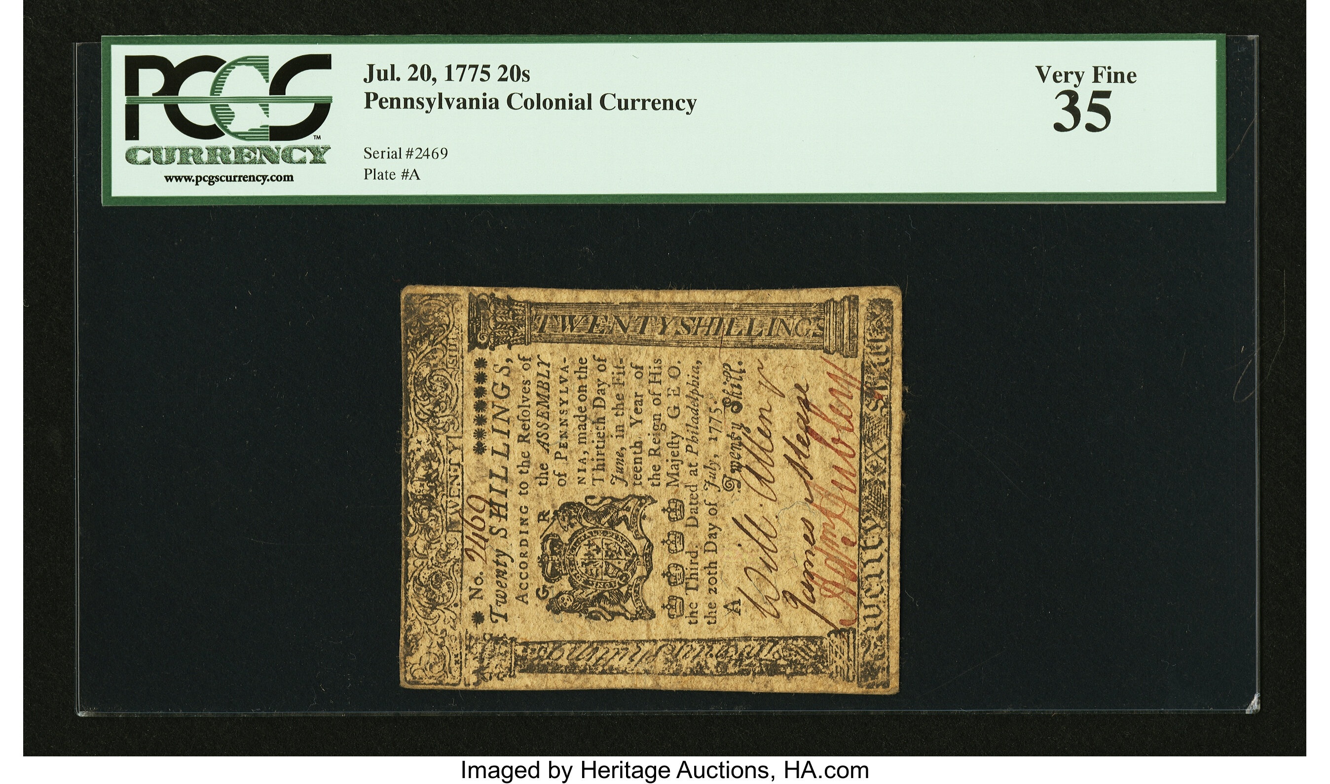 image for: Pennsylvania July 20, 1775 20s PCGS Very Fine 35....