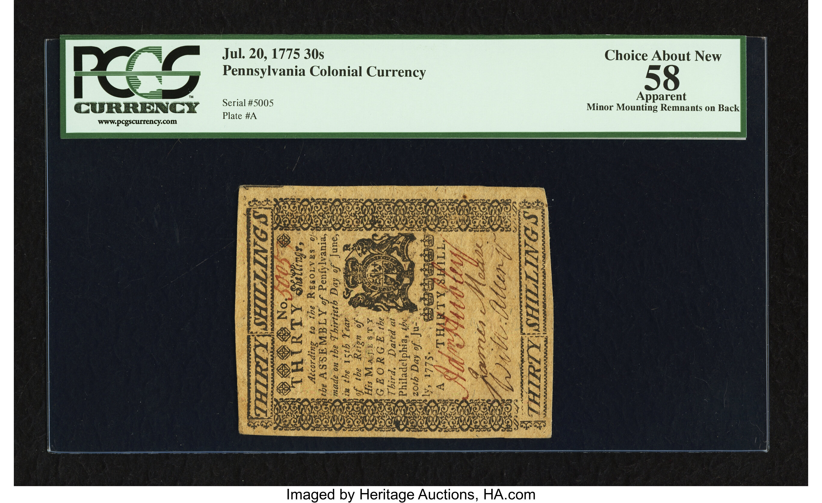 image for: Pennsylvania July 20, 1775 30s PCGS Apparent Choice About New 58....