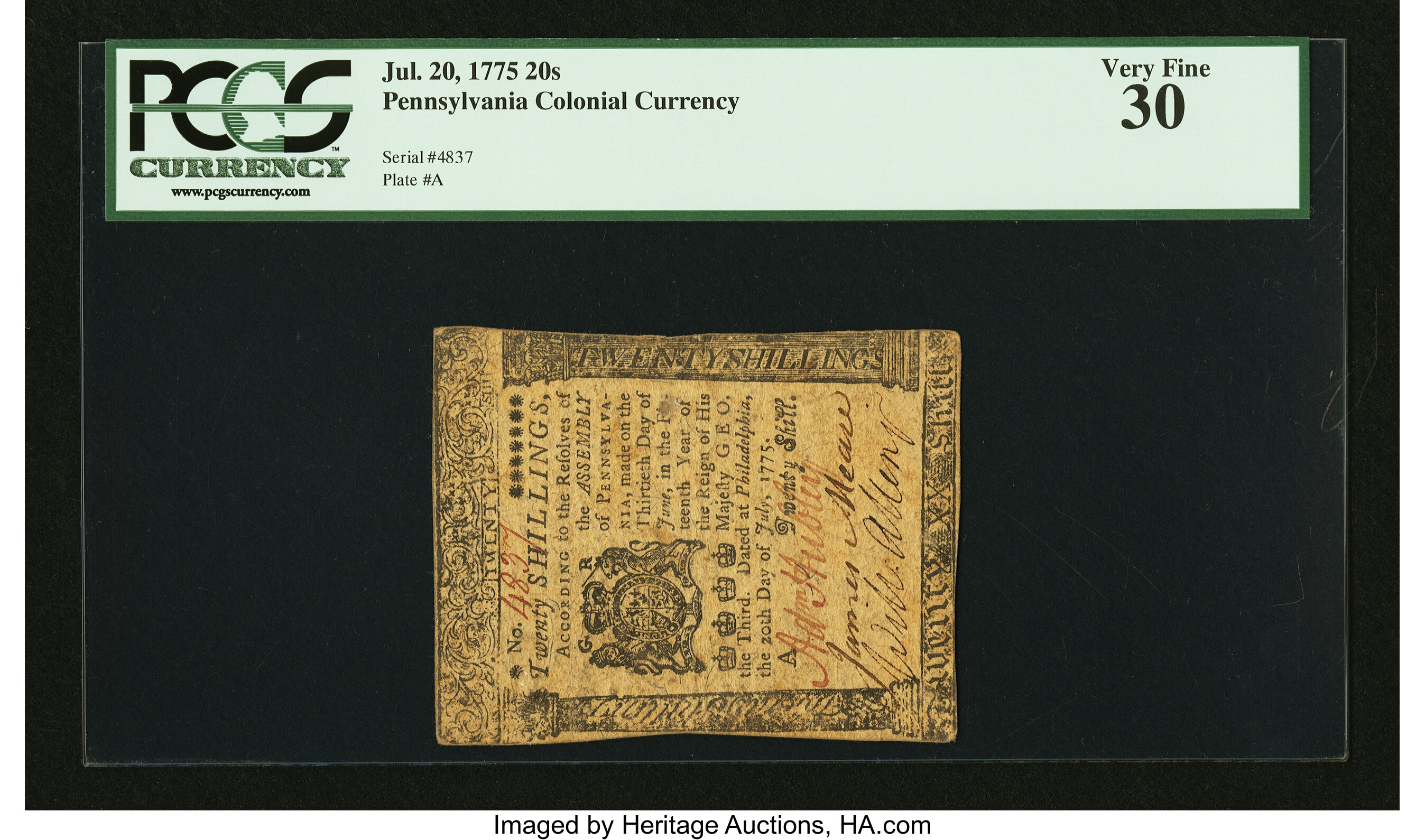 image for: Pennsylvania July 20, 1775 20s PCGS Very Fine 30....