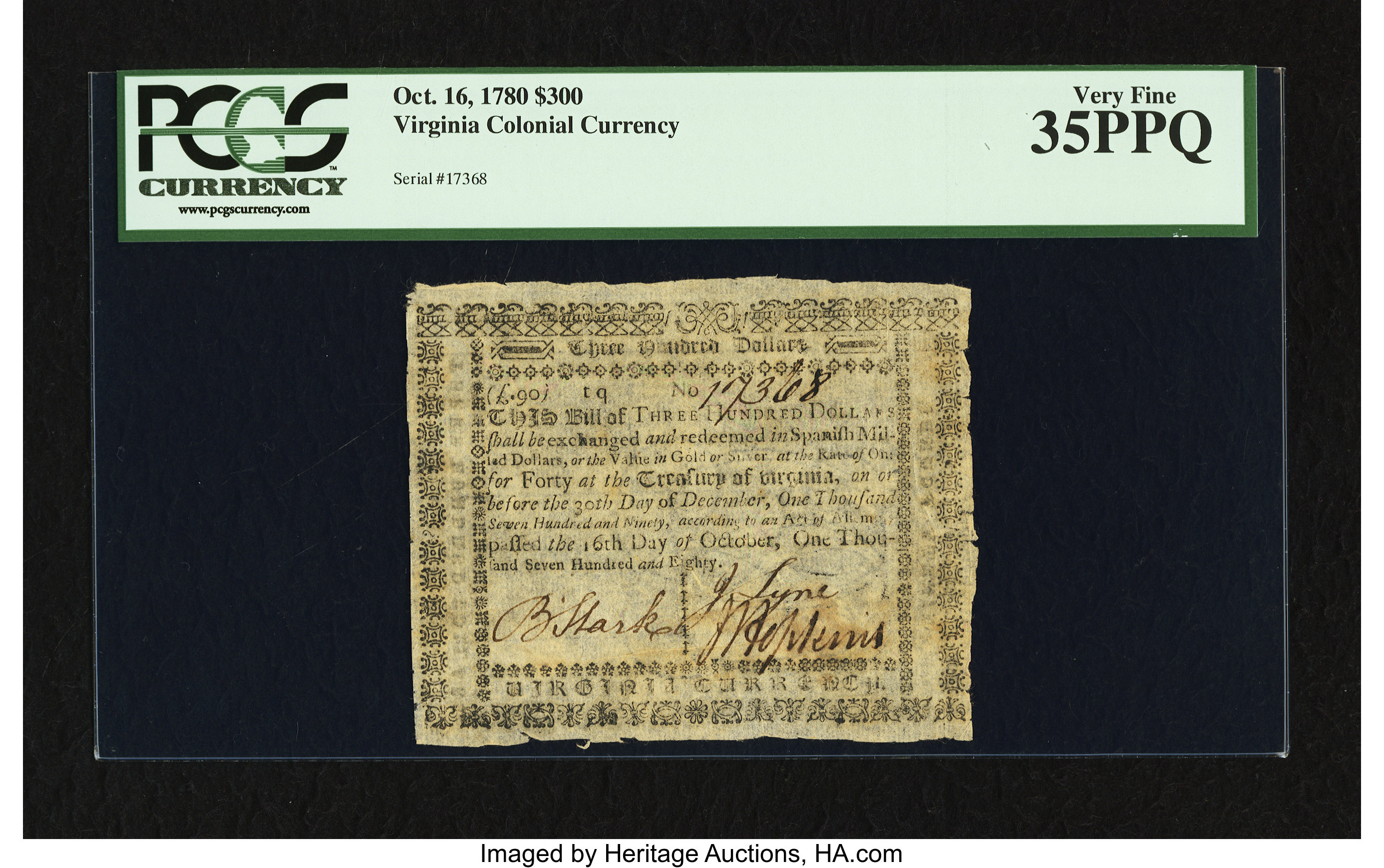 image for: Virginia October 16, 1780 $300 PCGS Very Fine 35PPQ....