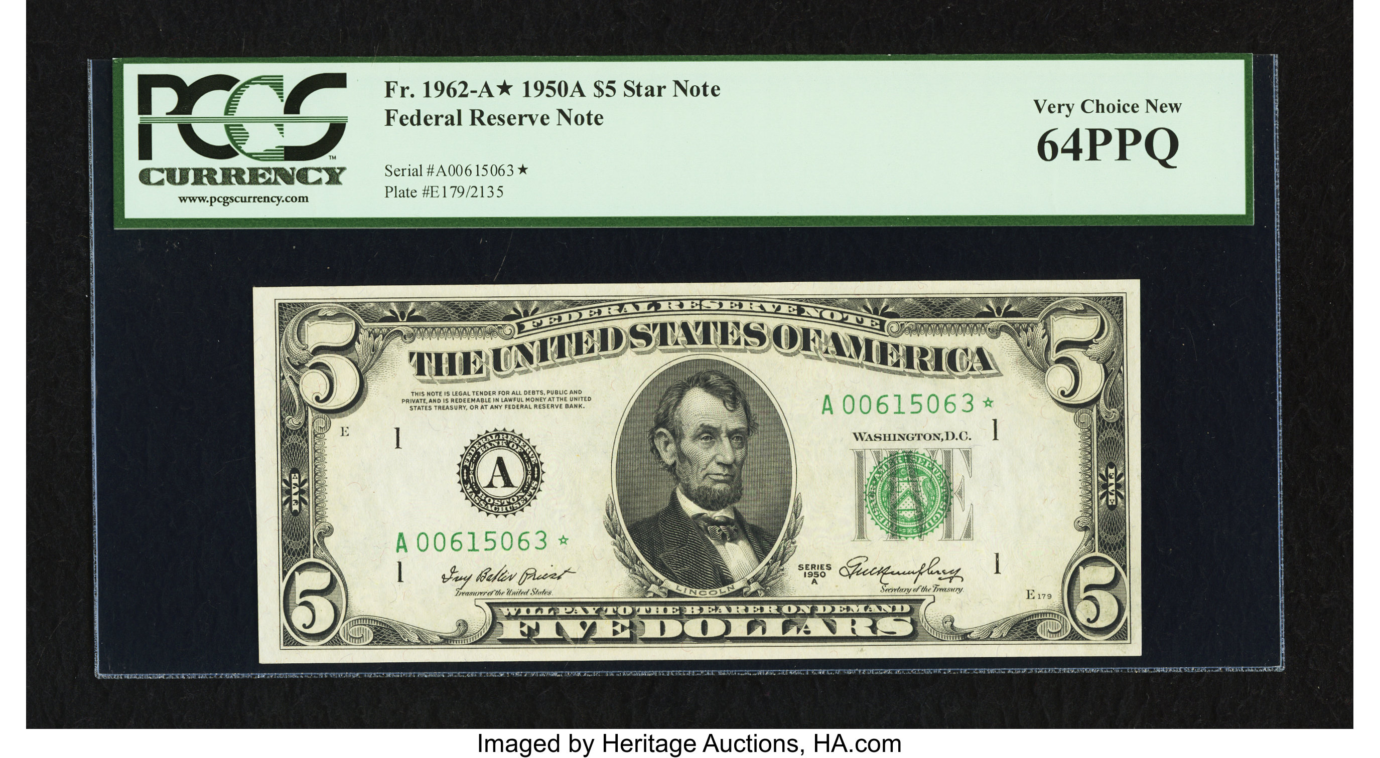 image for: Fr. 1962-A* $5 1950A Federal Reserve Note. PCGS Very Choice New 64PPQ....