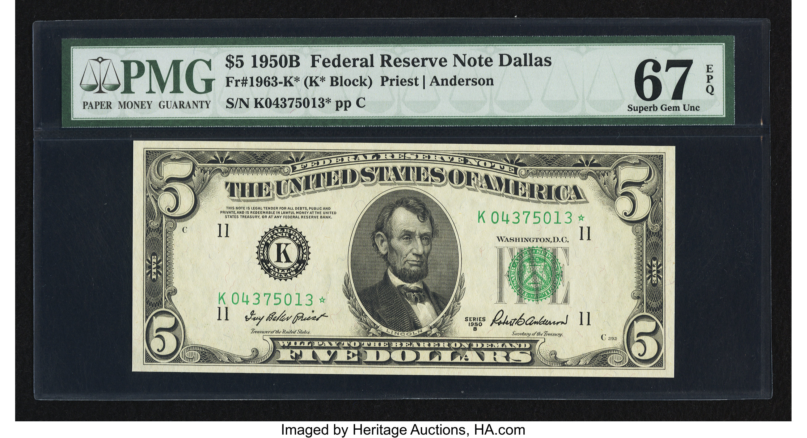 image for: Fr. 1963-K* $5 1950B Federal Reserve Star Note. PMG Superb Gem Unc 67 EPQ....