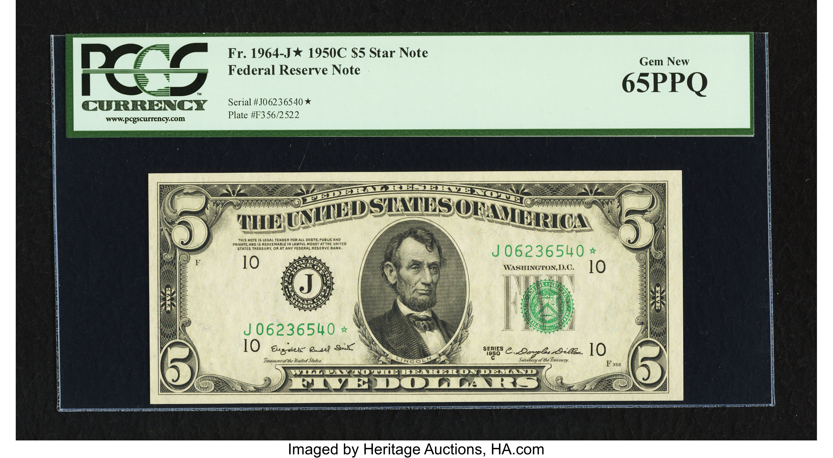 image for: Fr. 1964-J* $5 1950C Federal Reserve Note. PCGS Gem New 65PPQ....